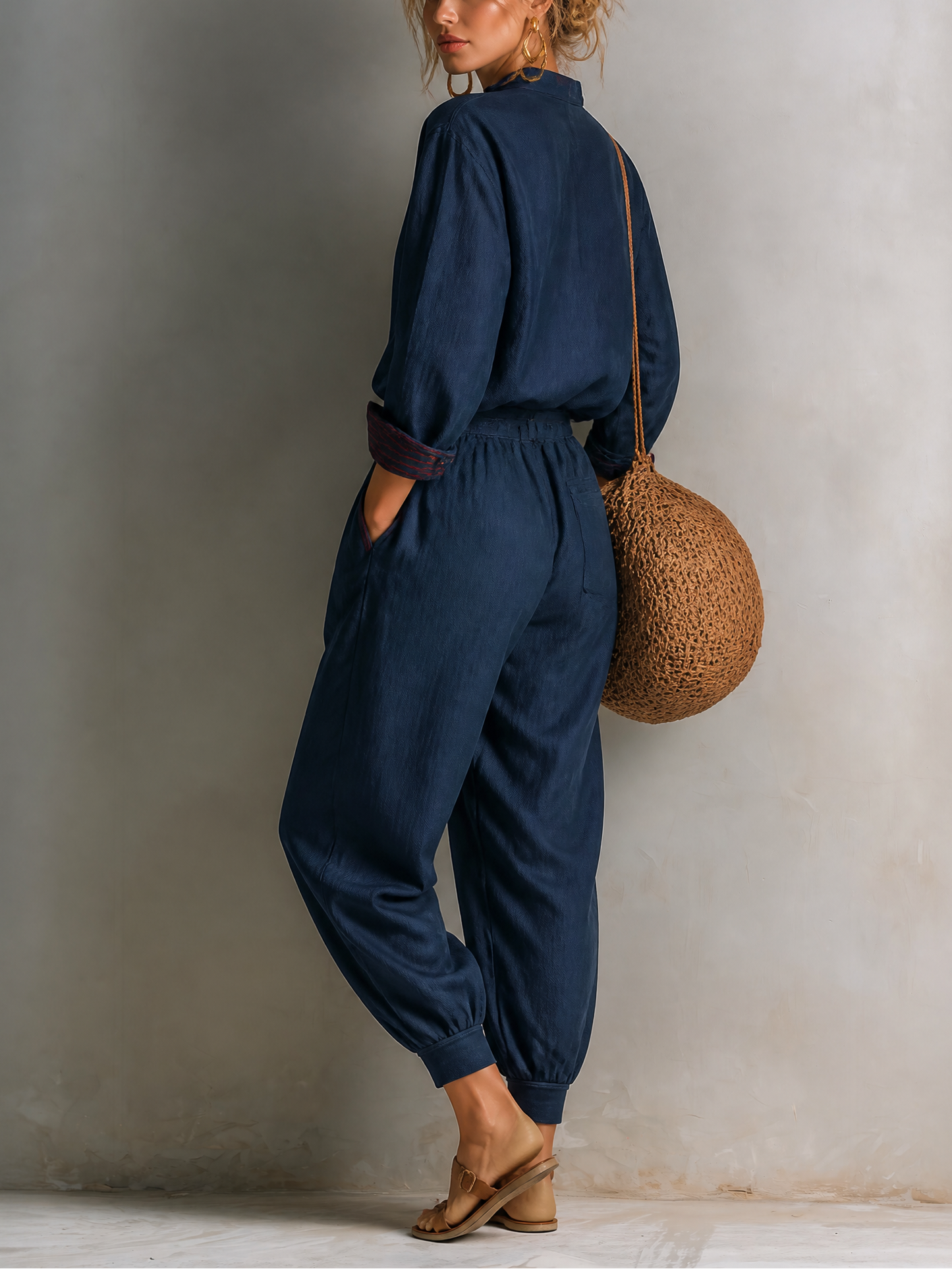 Women's Casual V-Neck Long Sleeve Top and Harem Pants Two-Piece Set