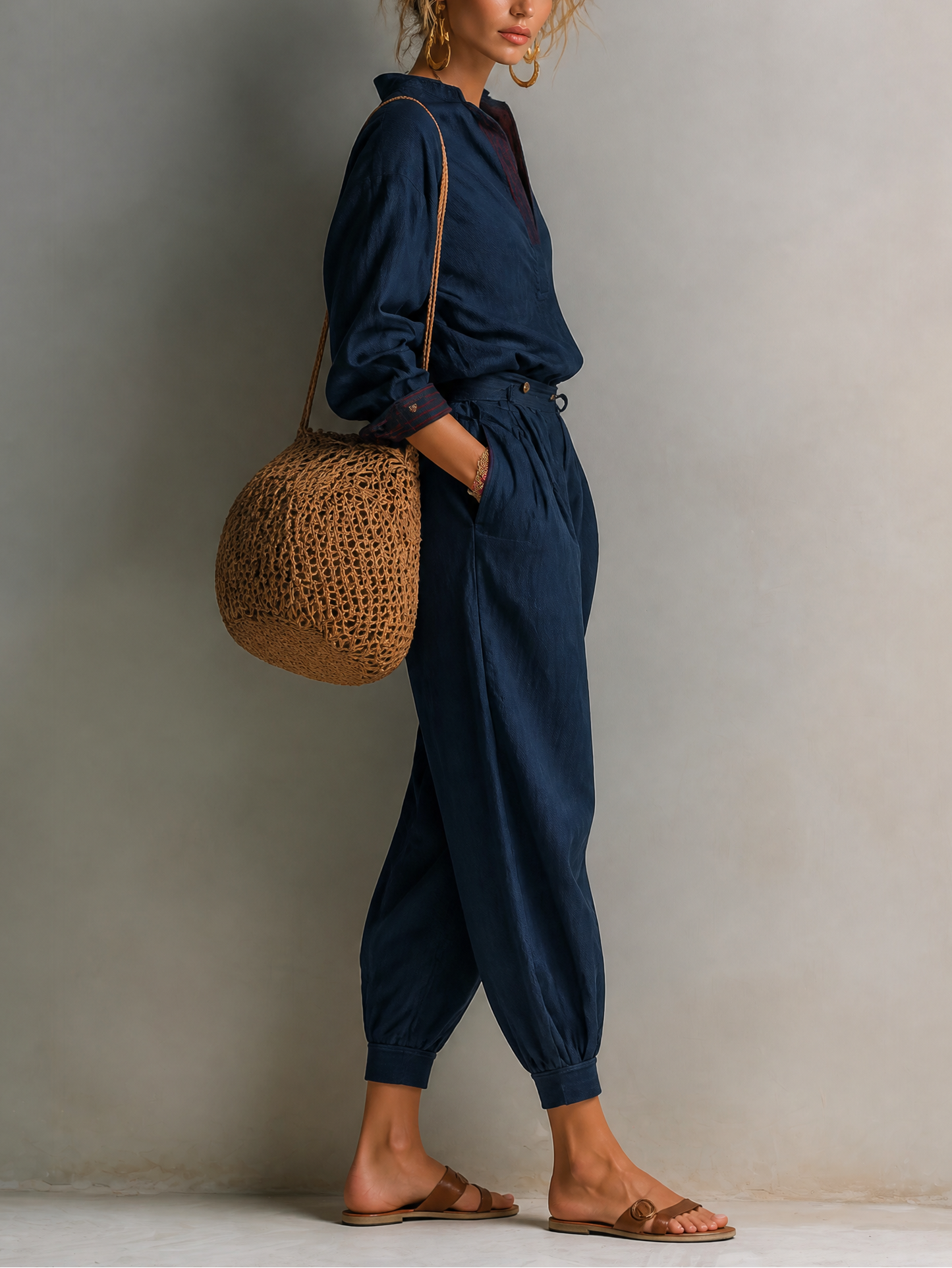 Women's Casual V-Neck Long Sleeve Top and Harem Pants Two-Piece Set
