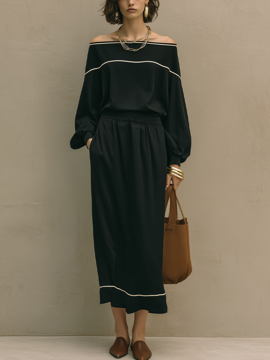 Elegant Black Off-Shoulder Knit Skirt Set