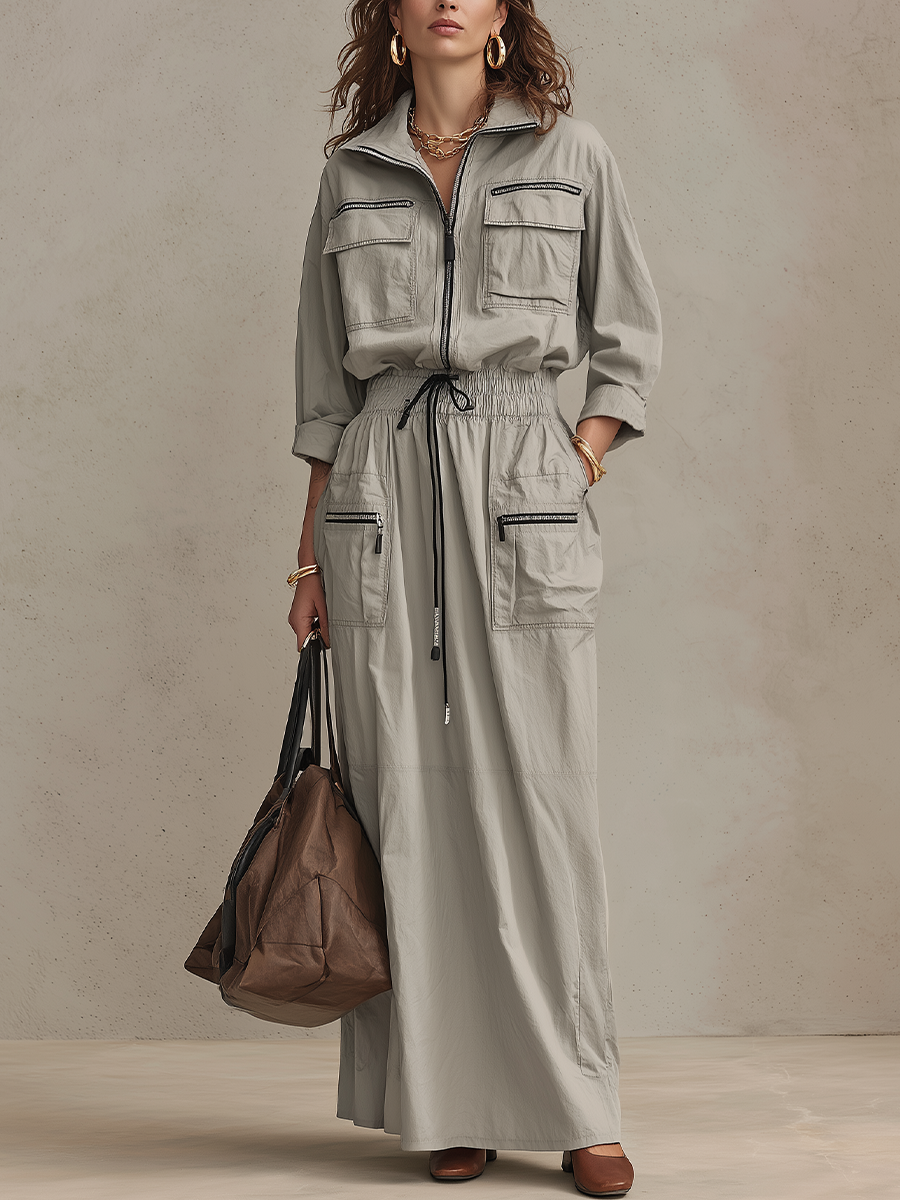 Modern Light Gray Utility Maxi Dress