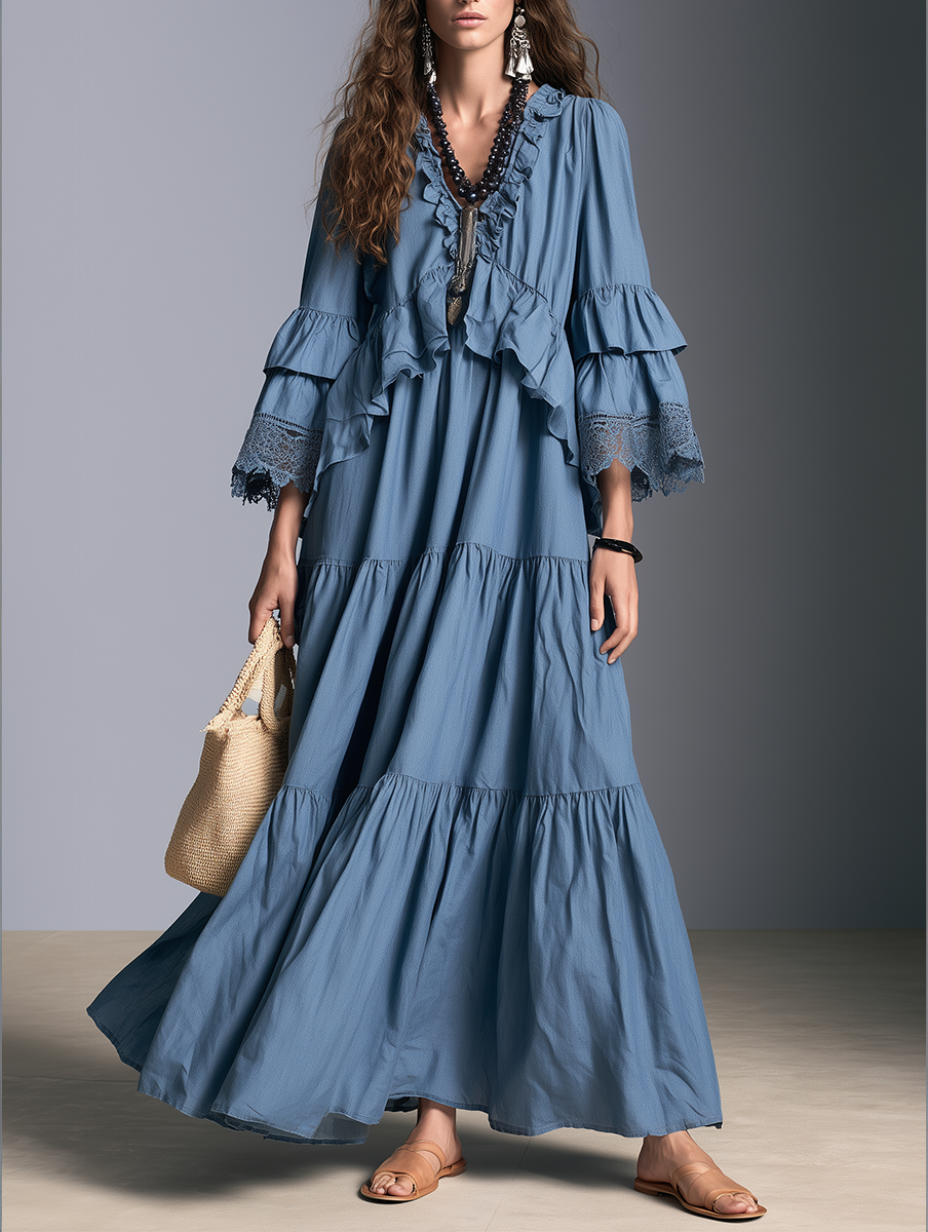 Boho Ruffle V-Neck Bell Sleeve Lace Trim Maxi Dress