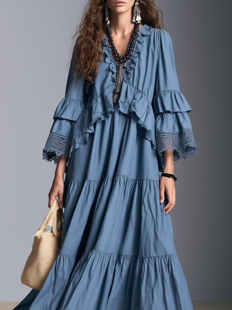 Boho Ruffle V-Neck Bell Sleeve Lace Trim Maxi Dress