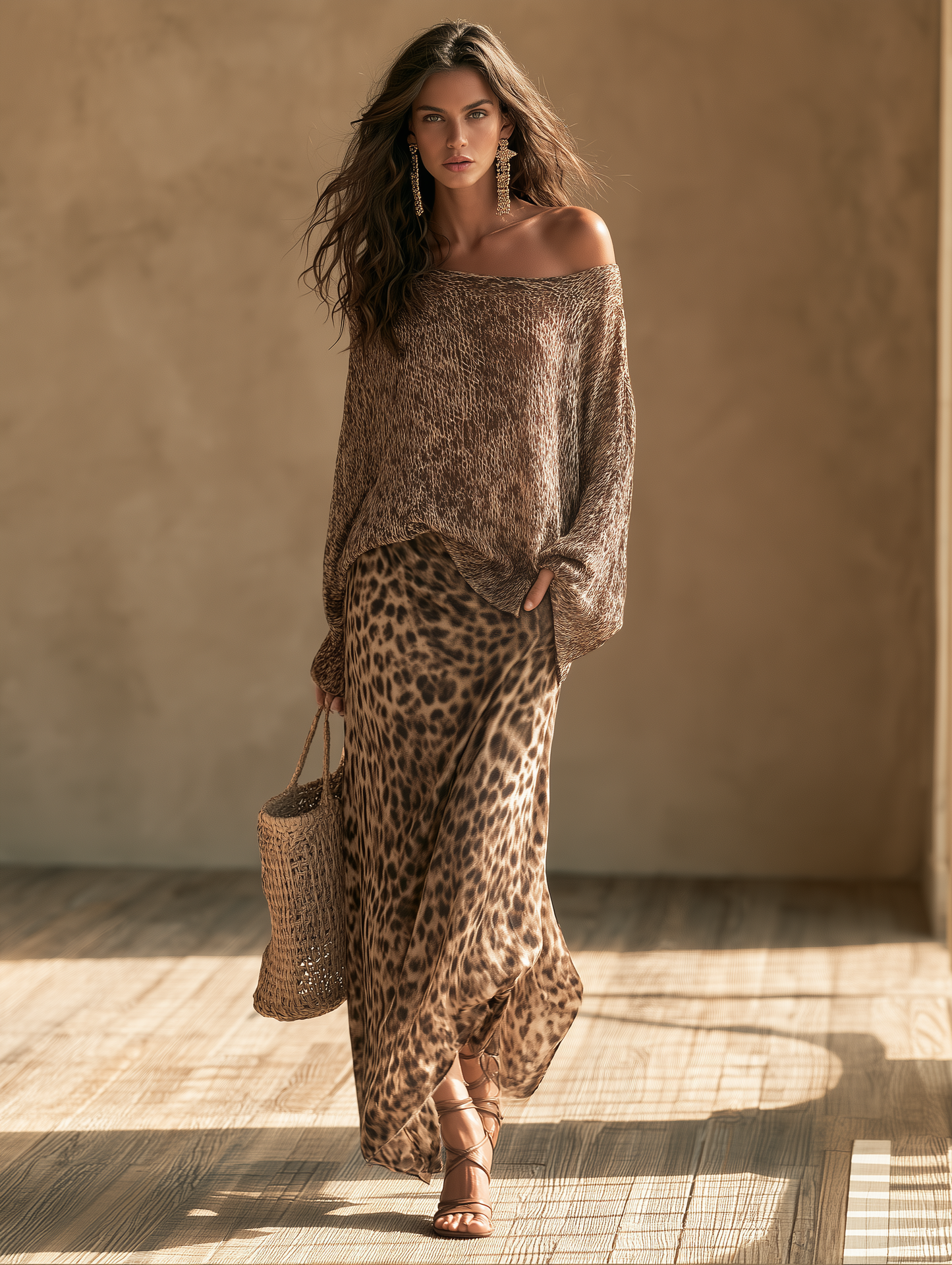 Effortless Chic Open-Knit Off-Shoulder Sweater & Leopard-Satin Brown Two-Piece Set