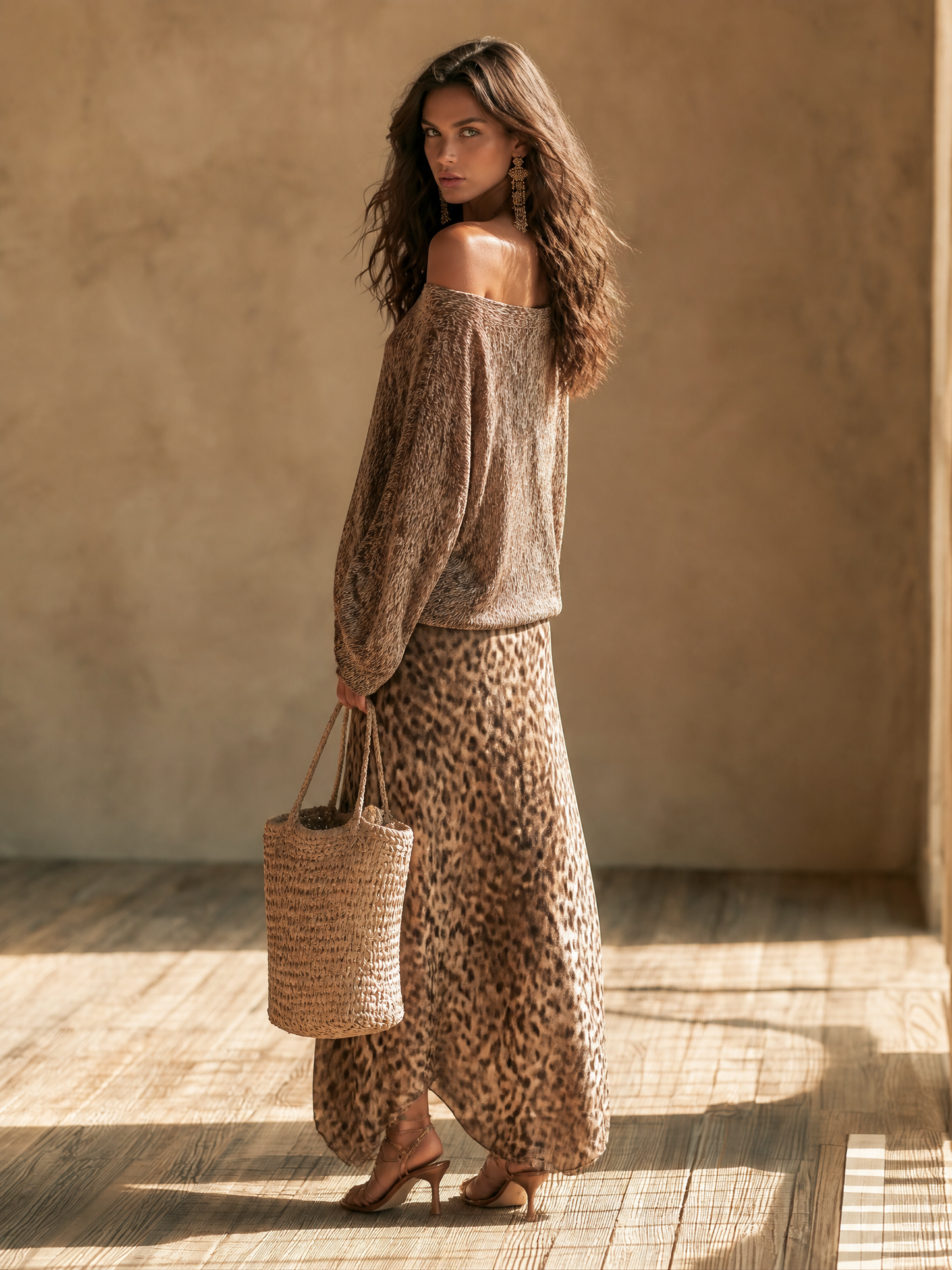 Effortless Chic Open-Knit Off-Shoulder Sweater & Leopard-Satin Brown Two-Piece Set