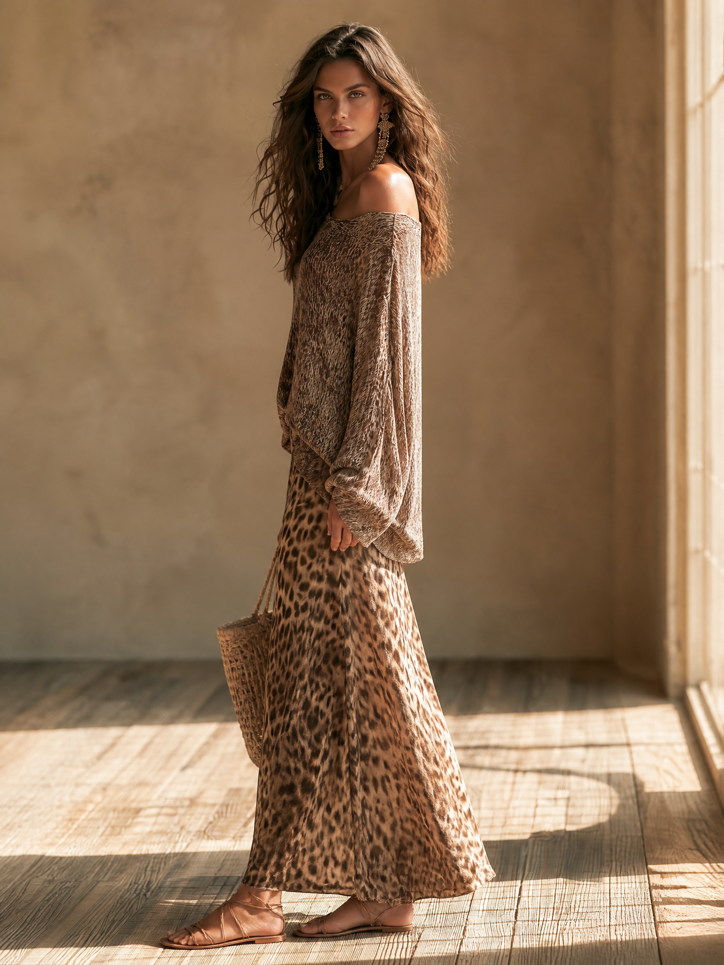 Effortless Chic Open-Knit Off-Shoulder Sweater & Leopard-Satin Brown Two-Piece Set
