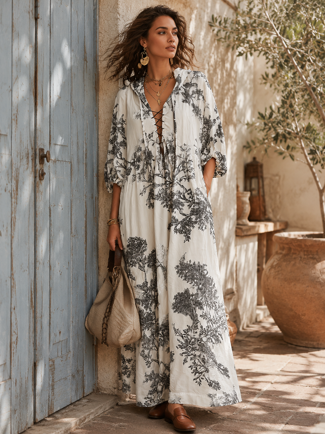 Elegant Ivory Botanical Print Maxi Dress