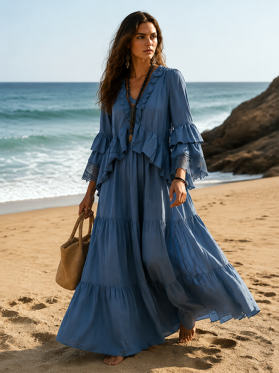 Boho Ruffle V-Neck Bell Sleeve Lace Trim Maxi Dress