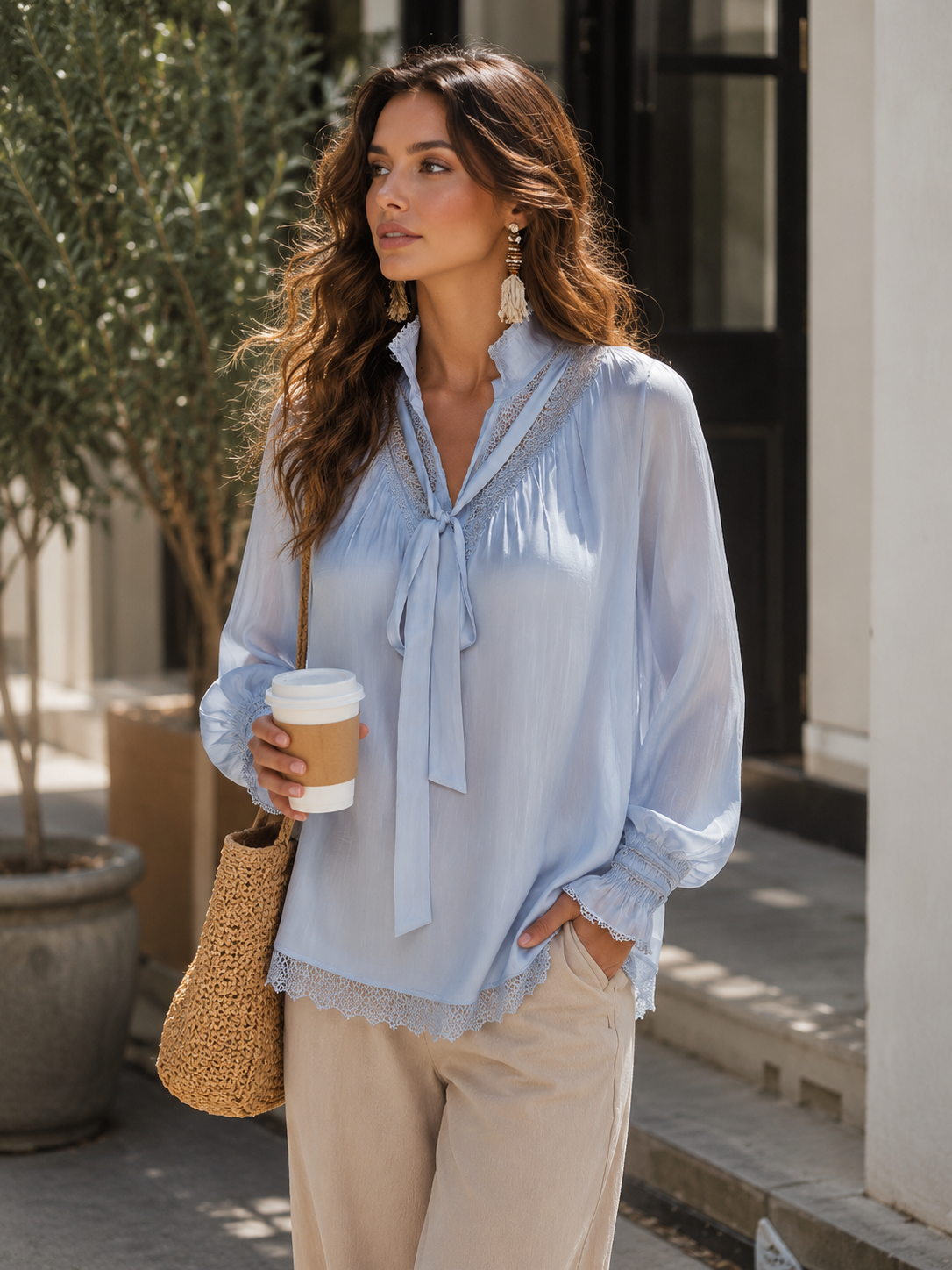 Graceful Sky Blue Tie-Neck Lace Trim Blouse
