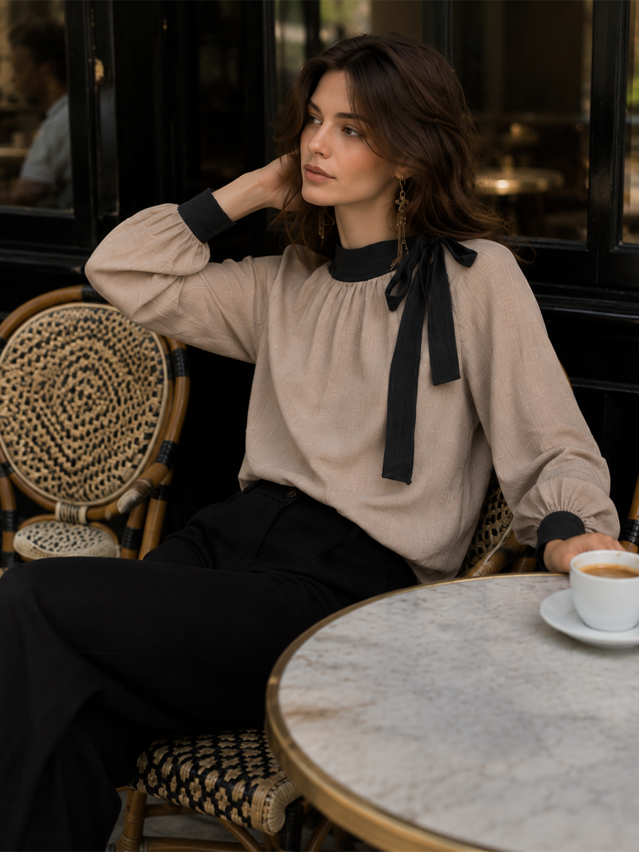 Refined Sand Bow-Neck Blouse
