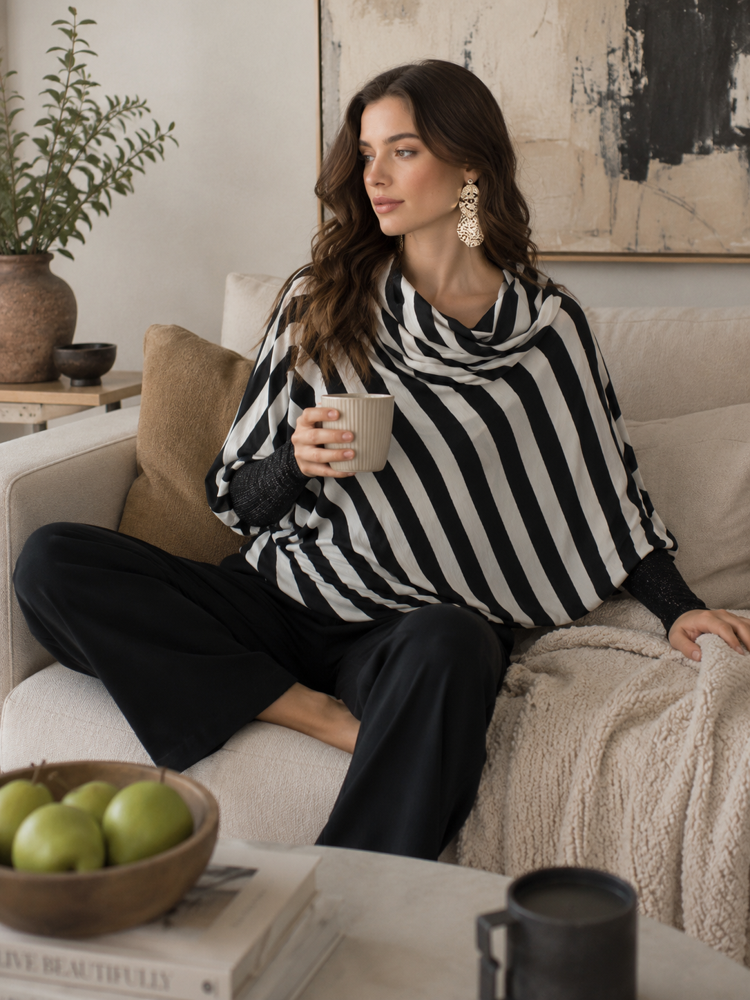 Modern Black Striped Draped Blouse