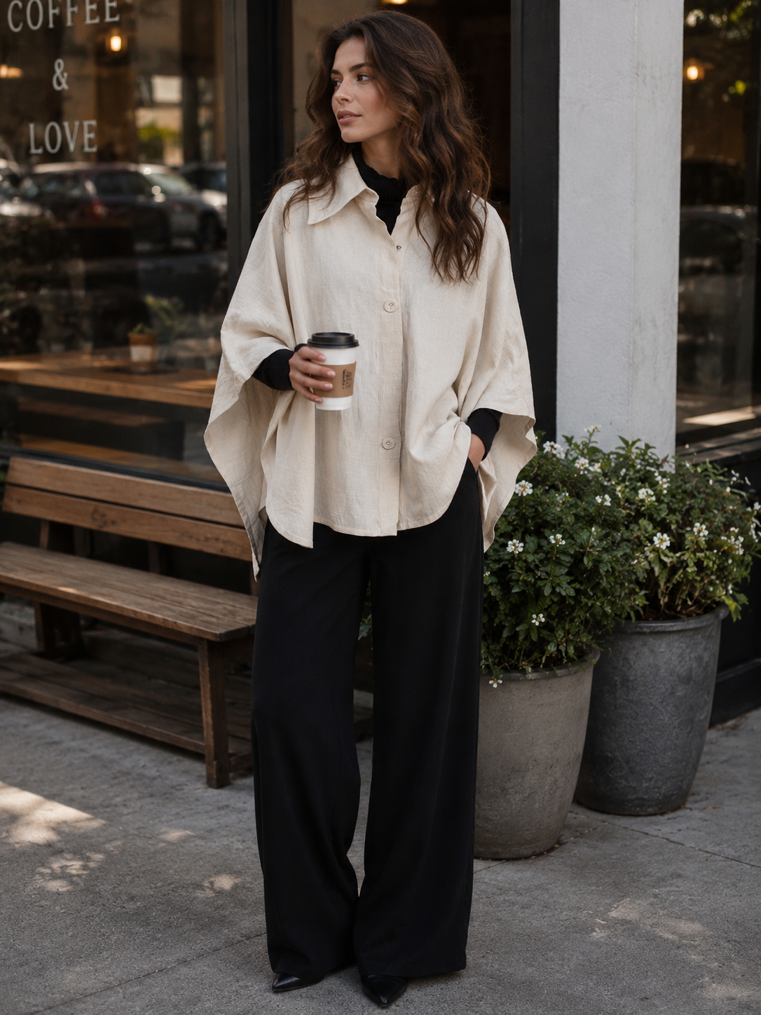 Minimalist Ivory Button-Front Cape Jacket