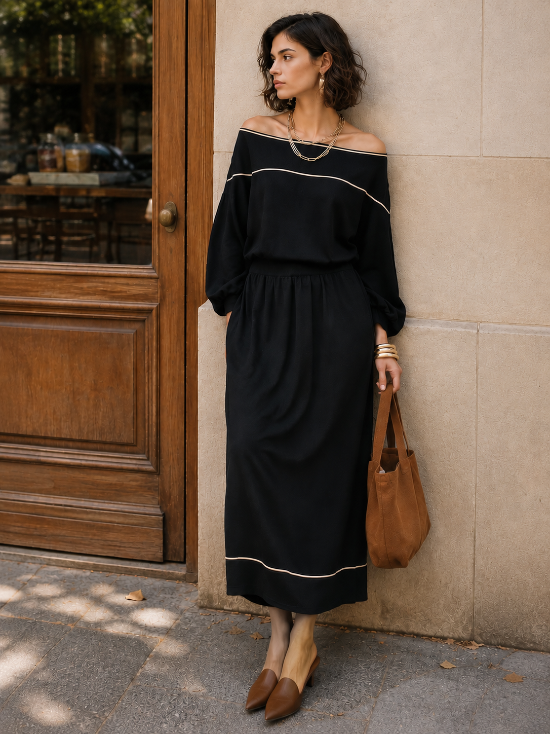 Elegant Black Off-Shoulder Knit Skirt Set