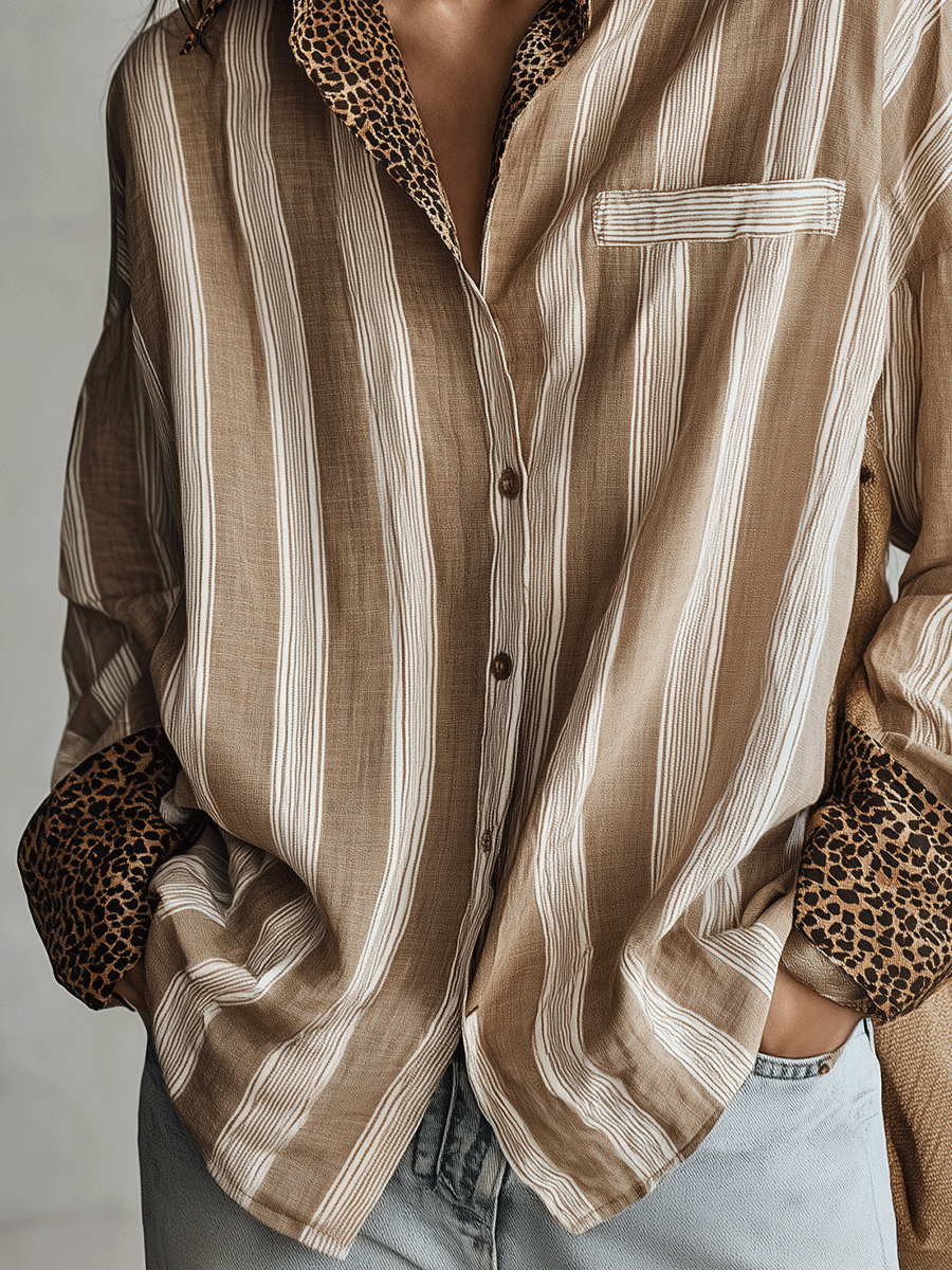 Modern Coastal Linen-Blend Striped Khaki Blouse