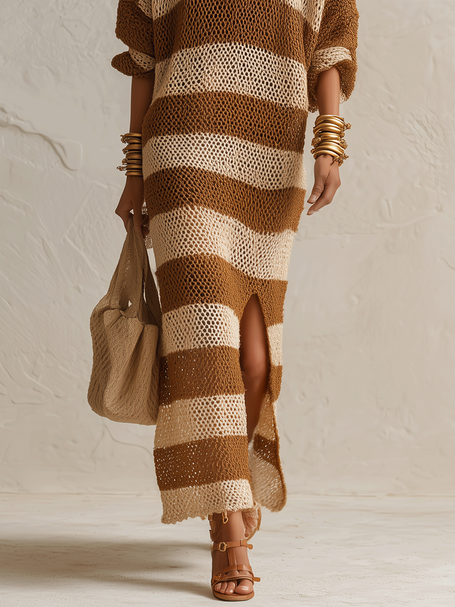 Chic Hollow-Knit Tan & Cream Striped Knit Maxi Dress