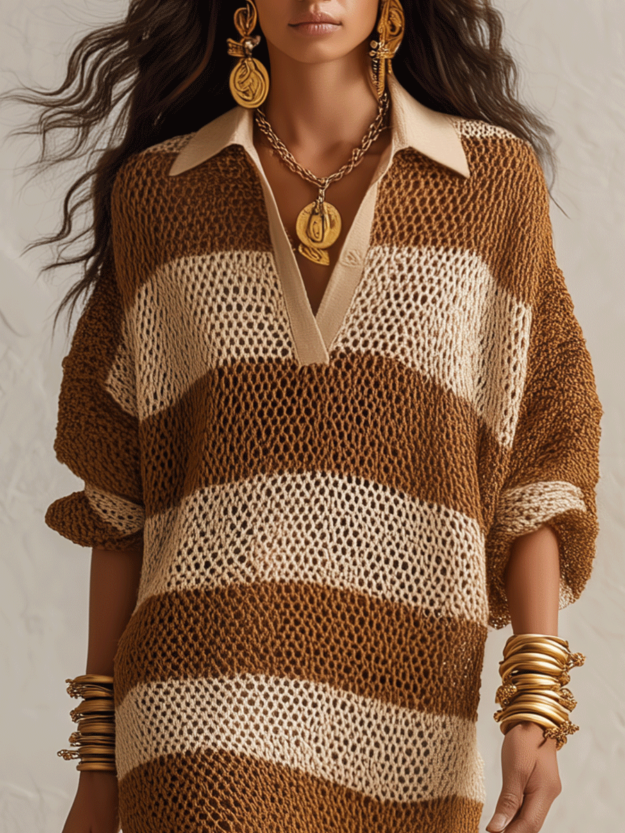 Chic Hollow-Knit Tan & Cream Striped Knit Maxi Dress