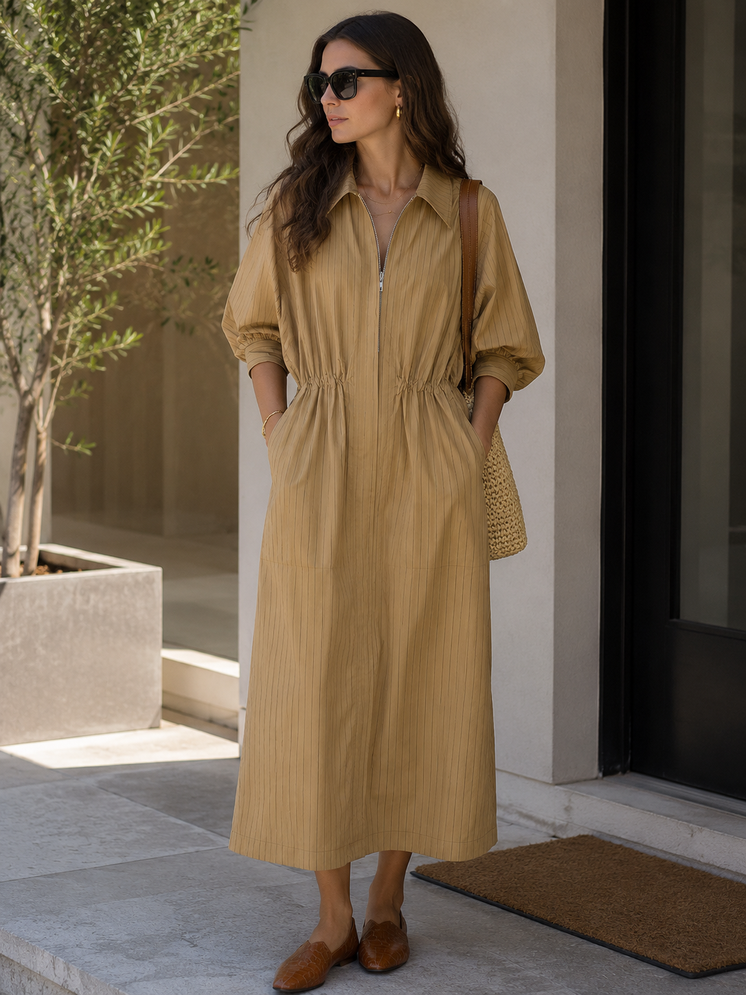Refined Khaki Pinstripe Shirt Midi Dress