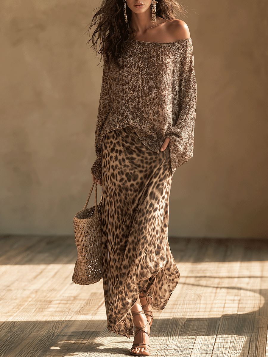 Effortless Chic Open-Knit Off-Shoulder Sweater & Leopard-Satin Brown Two-Piece Set