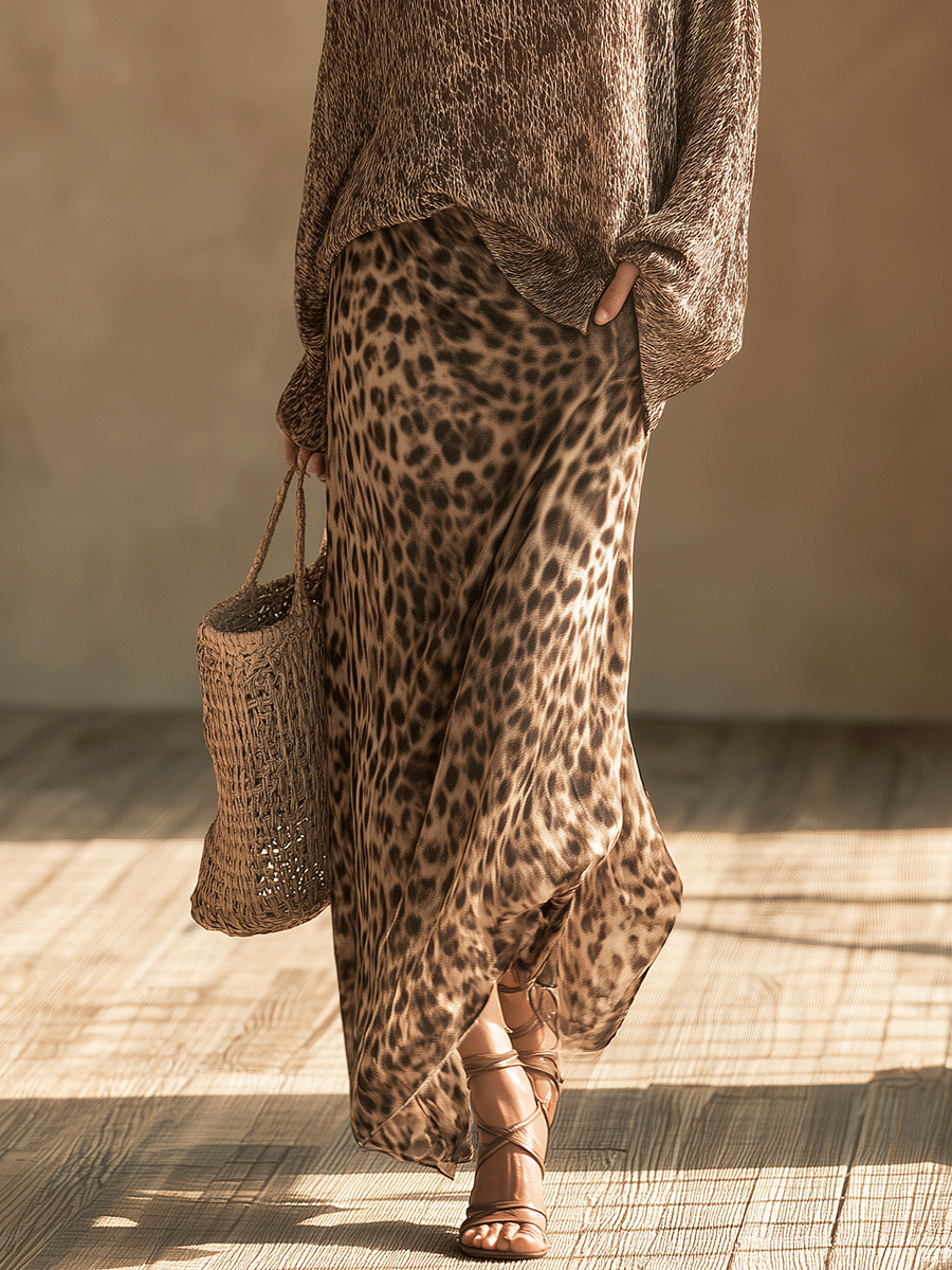 Effortless Chic Open-Knit Off-Shoulder Sweater & Leopard-Satin Brown Two-Piece Set