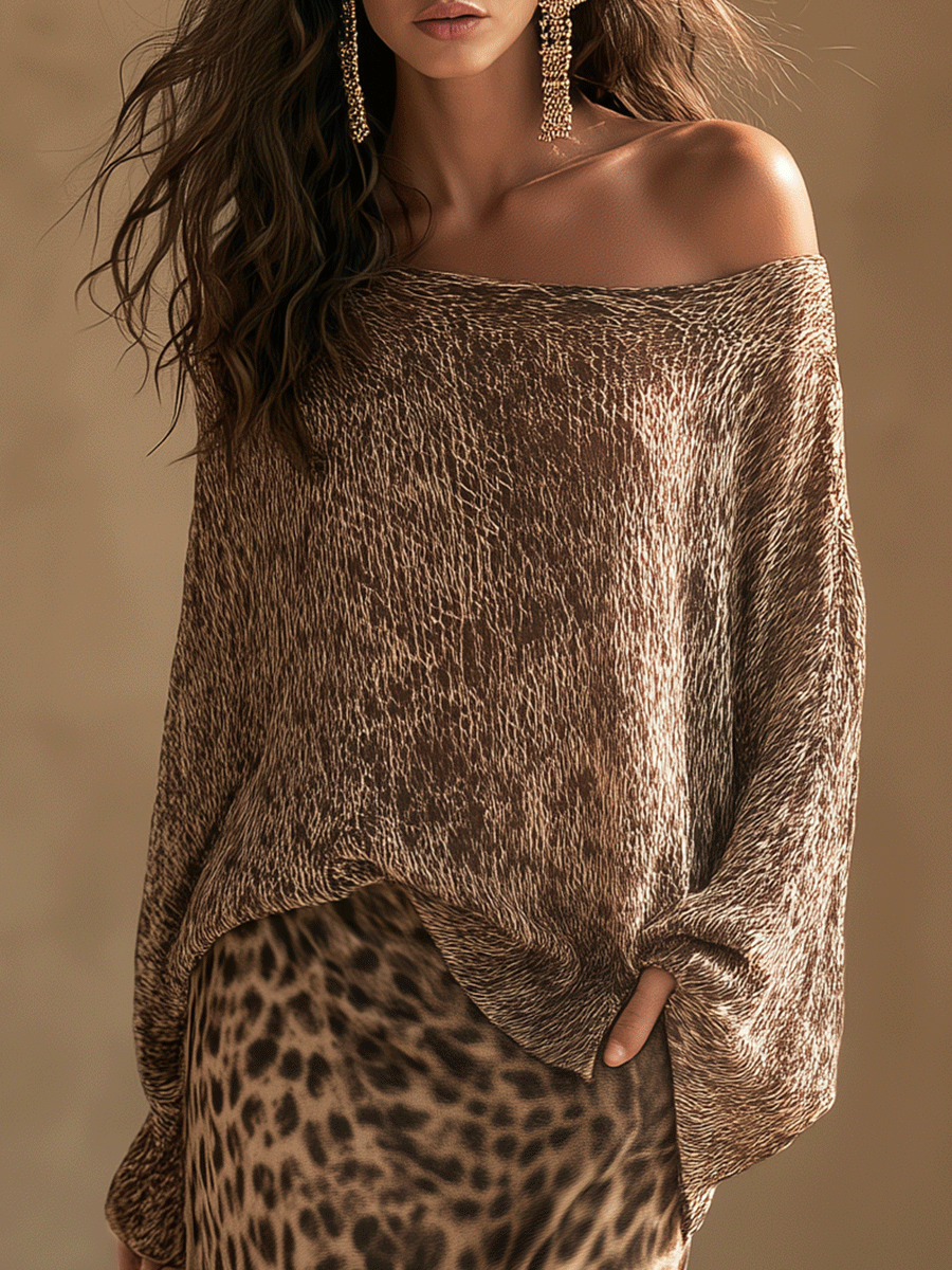 Effortless Chic Open-Knit Off-Shoulder Sweater & Leopard-Satin Brown Two-Piece Set