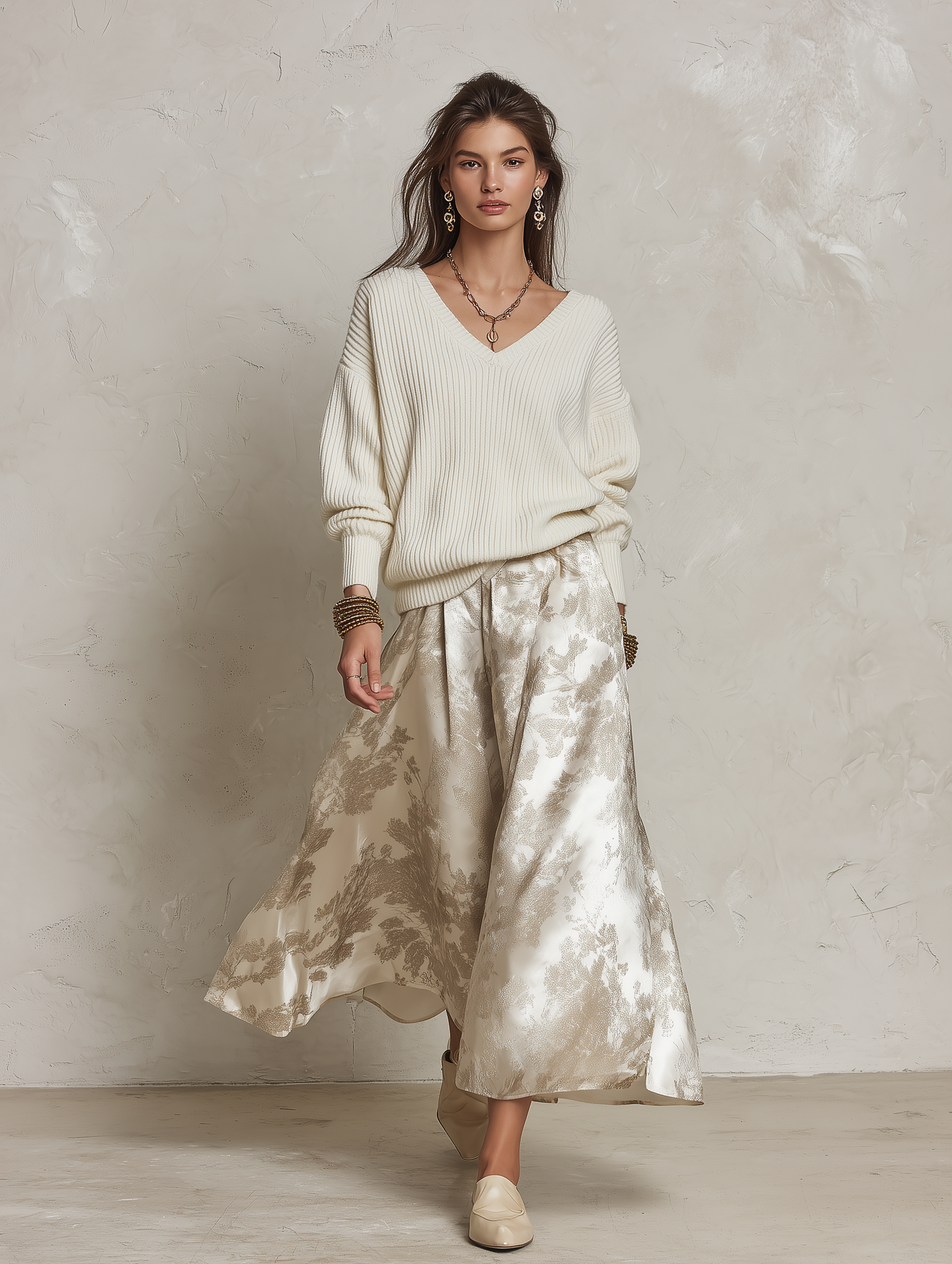 Elegant V-Neck Ribbed Sweater & Jacquard Skirt Set