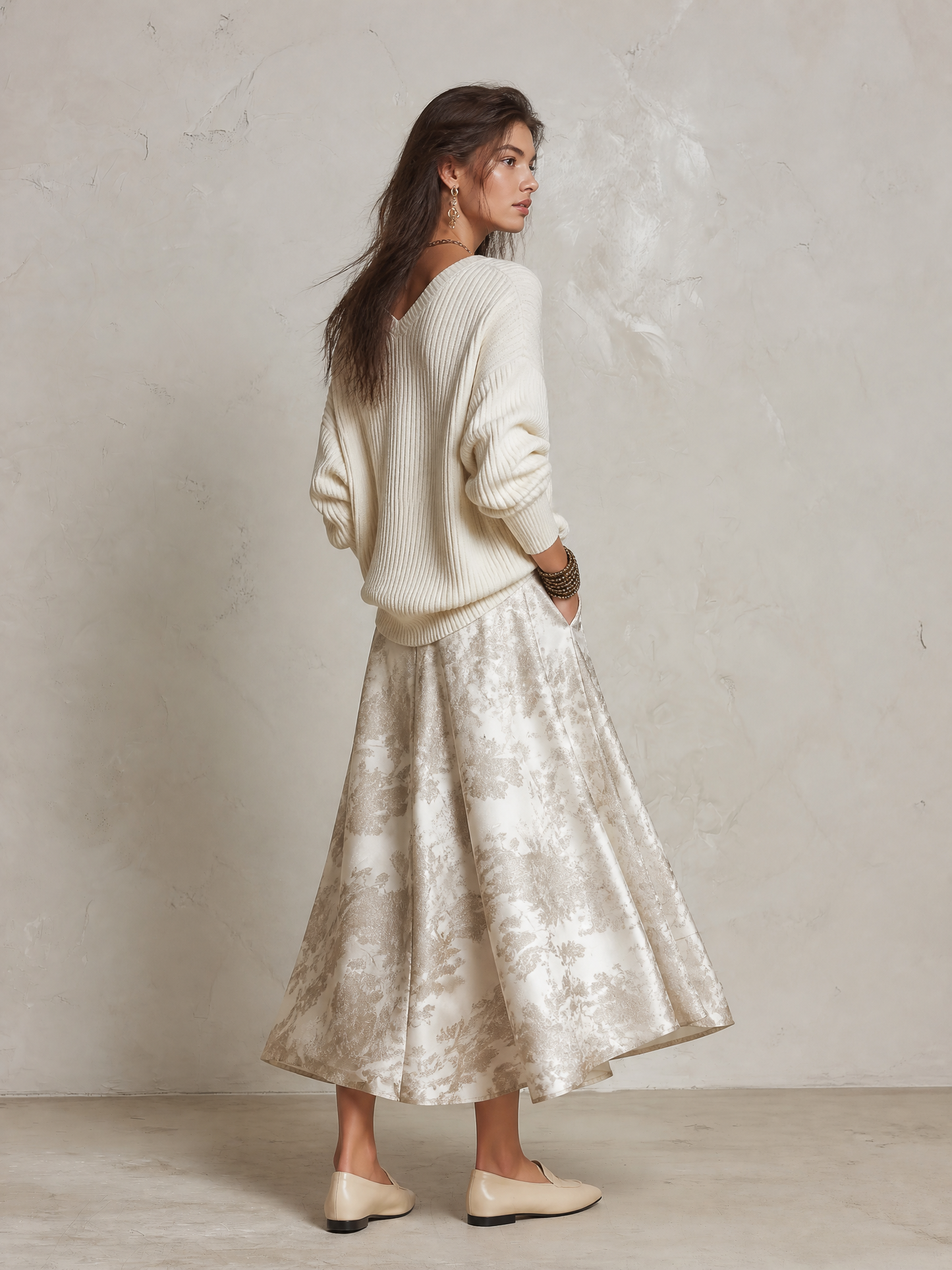 Elegant V-Neck Ribbed Sweater & Jacquard Skirt Set