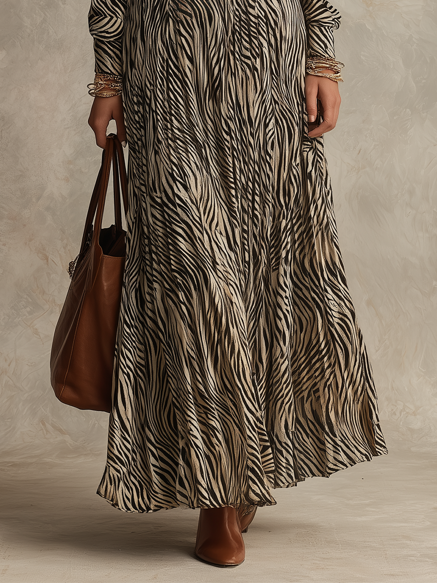 Elegant Black Zebra Print Wrap Maxi Dress