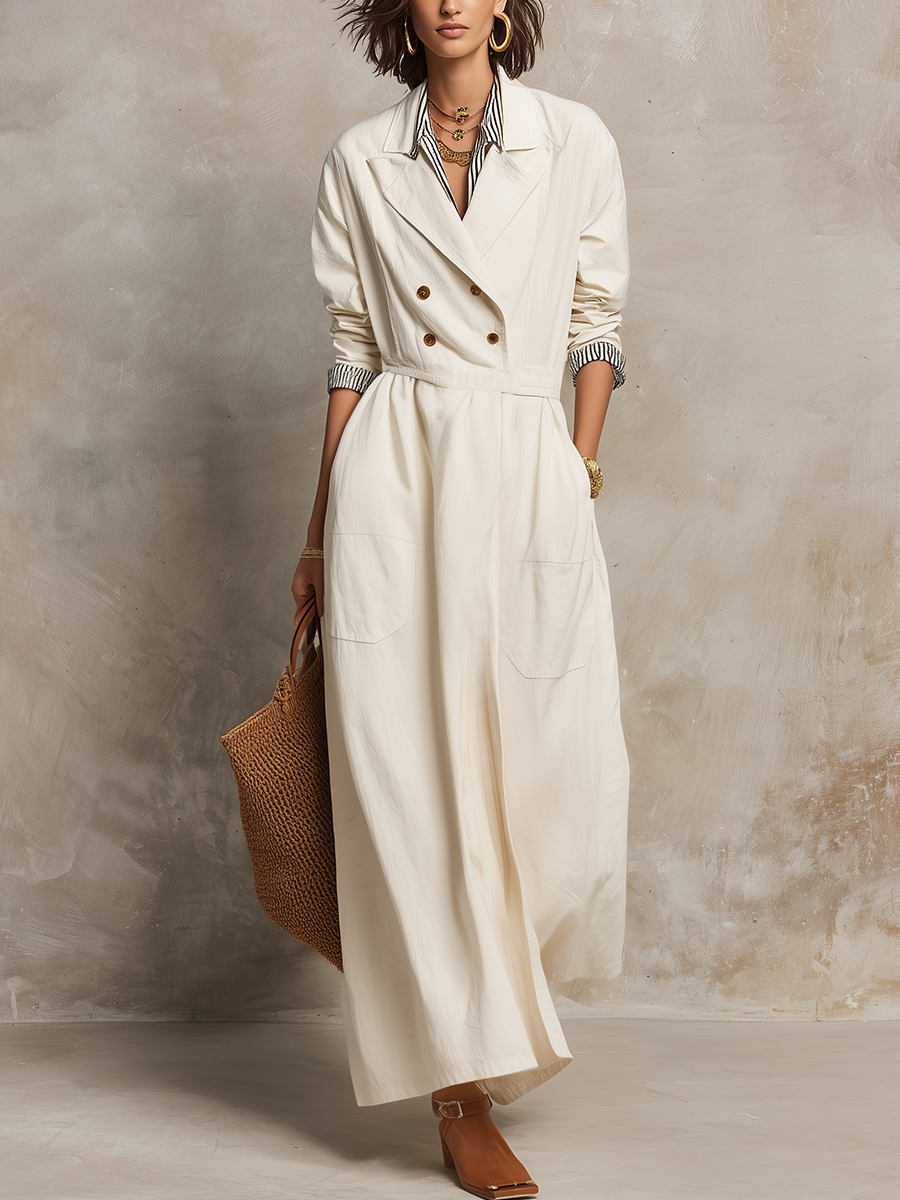 Sophisticated Ivory Double-Breasted Trench Maxi Dress