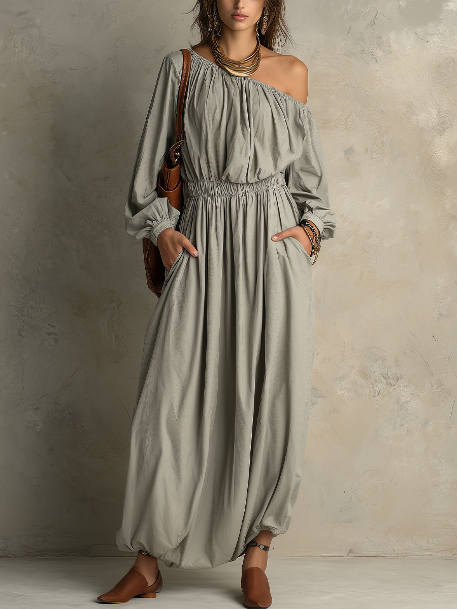 Relaxed Light Gray Off-Shoulder Maxi Dress