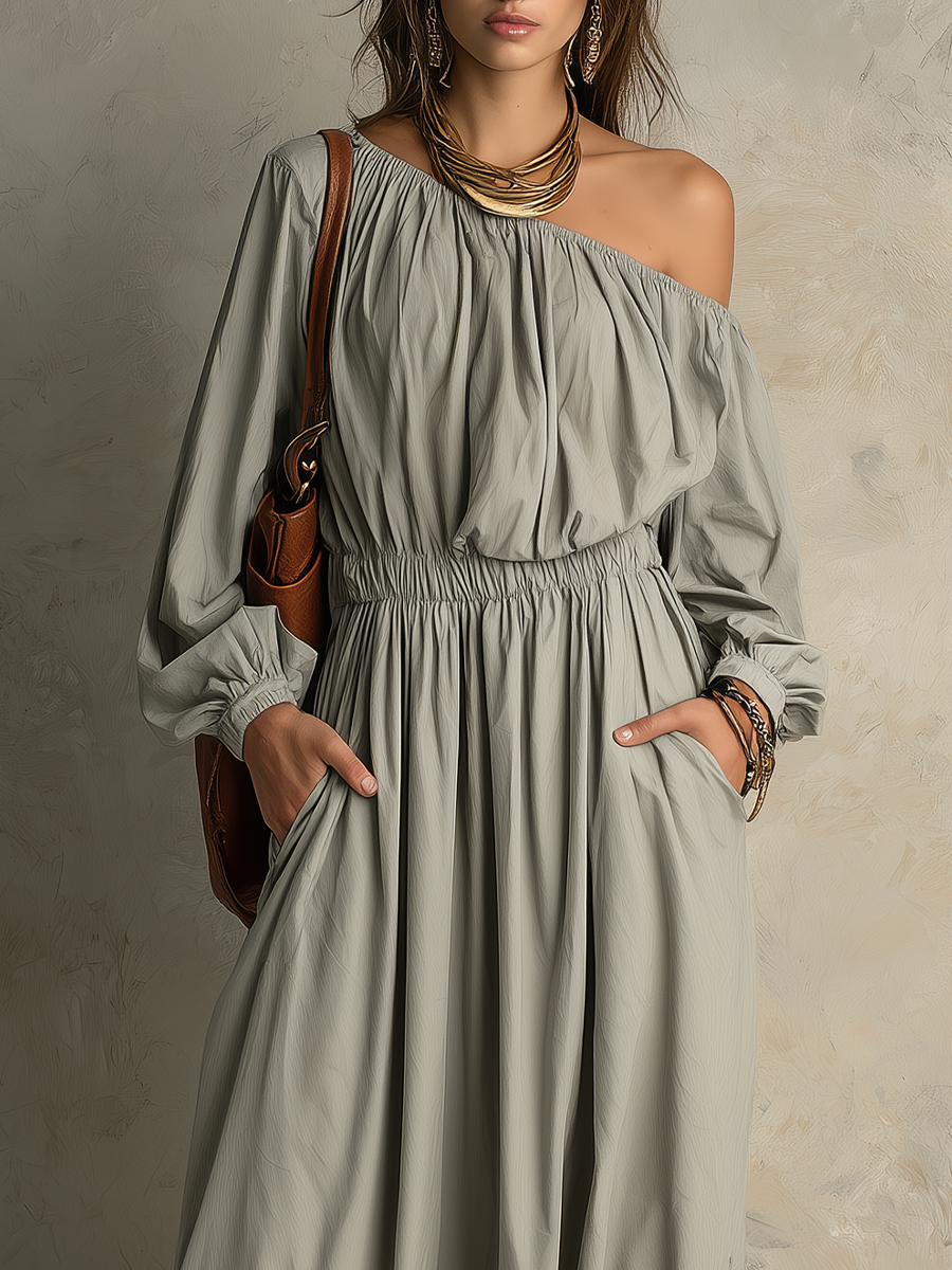 Relaxed Light Gray Off-Shoulder Maxi Dress