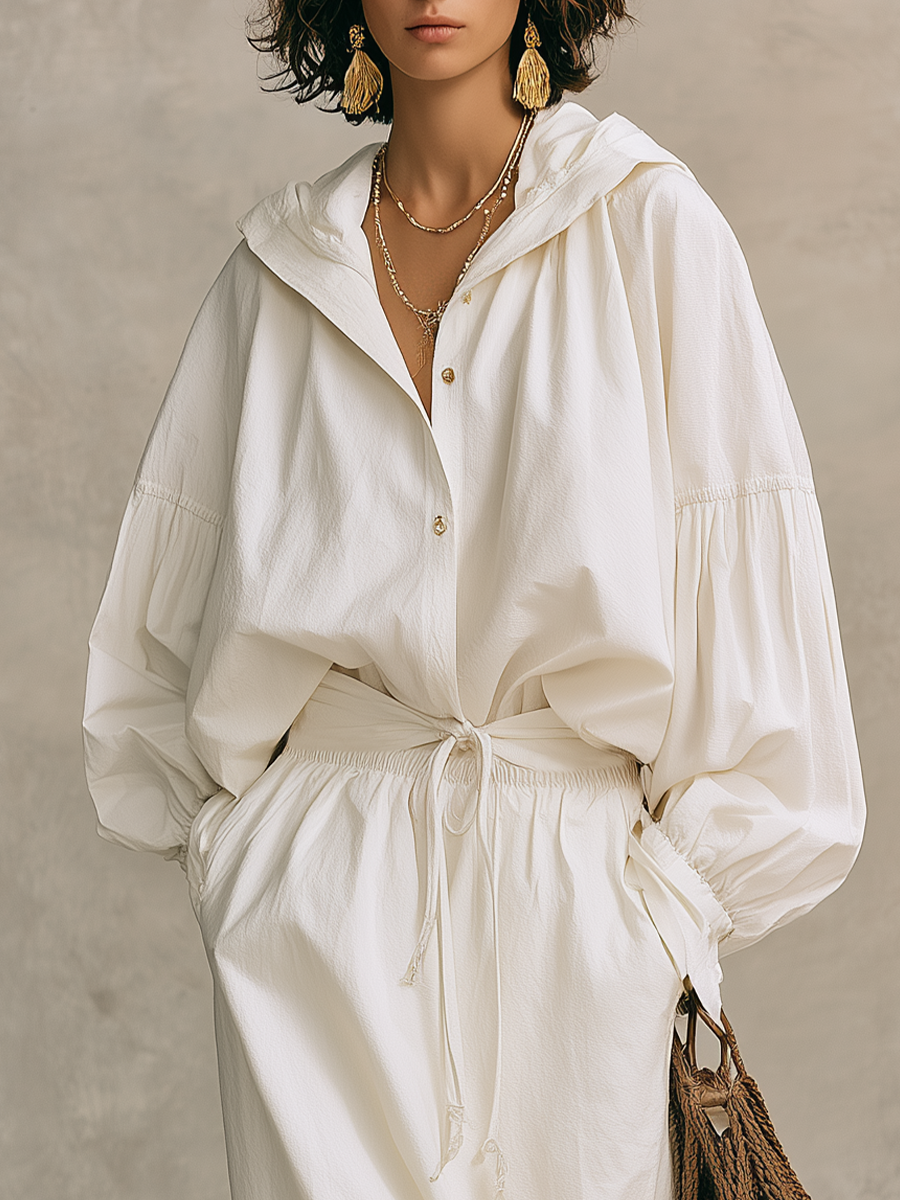 Minimalist White Hooded Drawstring Maxi Dress