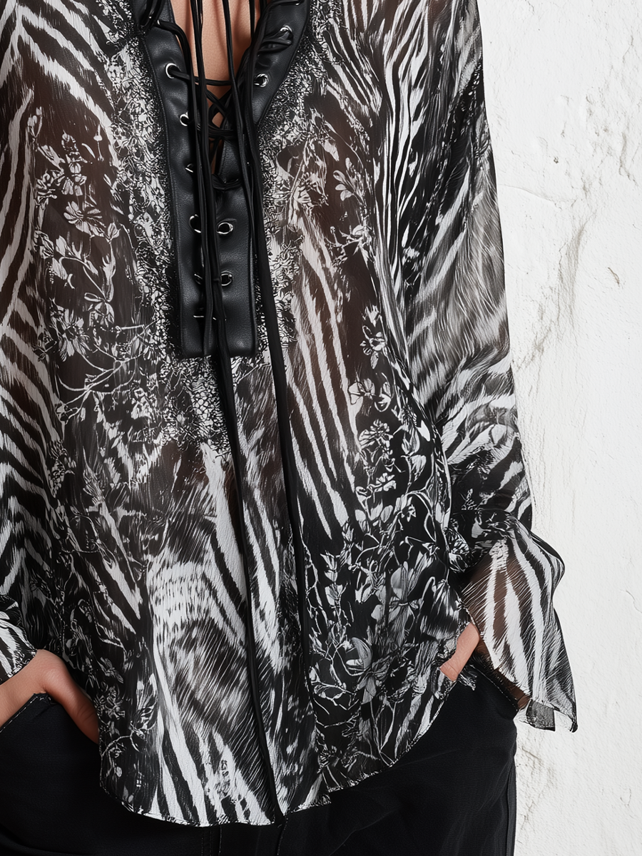 Bohemian Black Floral Print Lace-Up Blouse