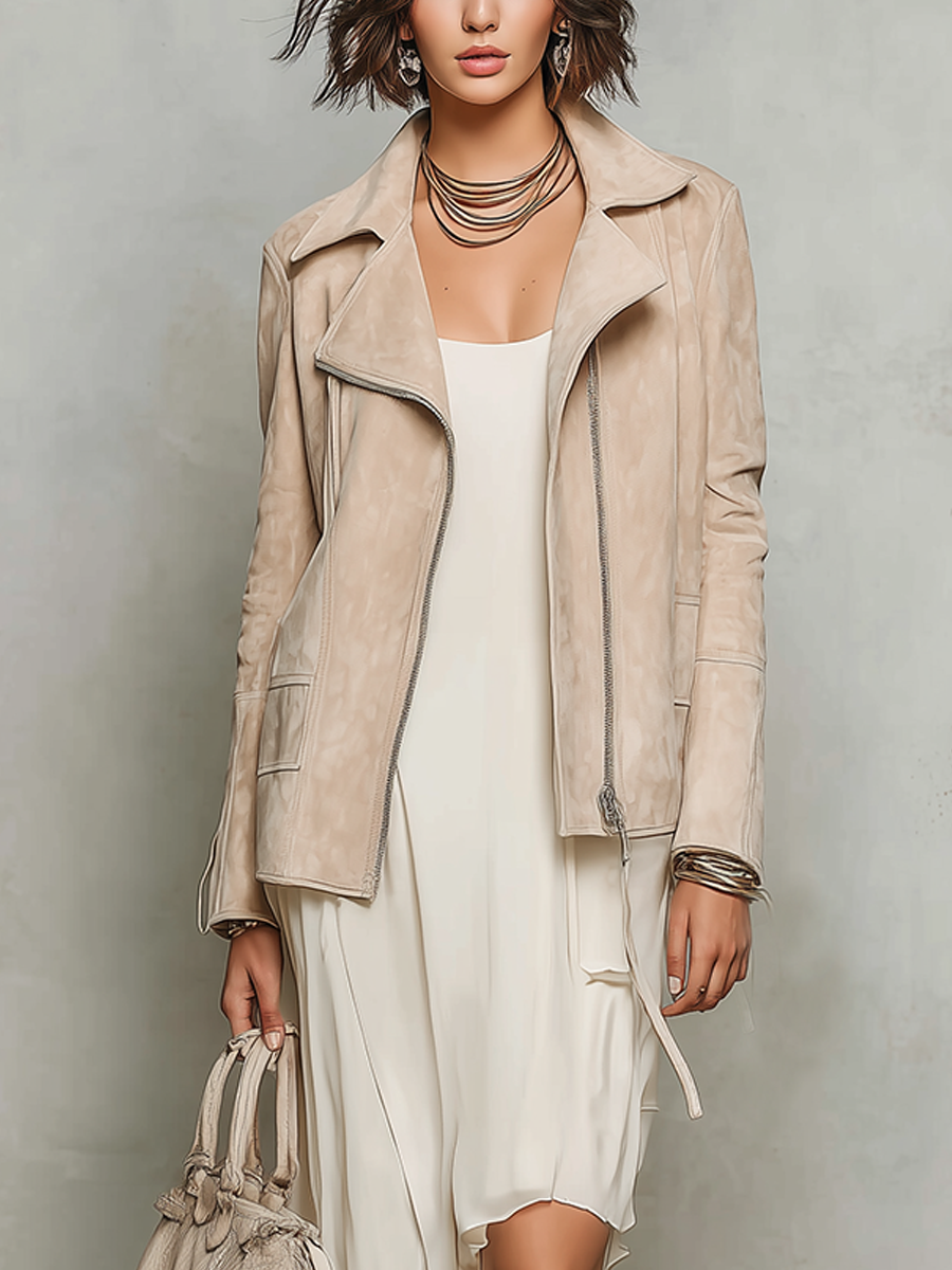 Elegant Khaki Suede Jacket And White Dress Set