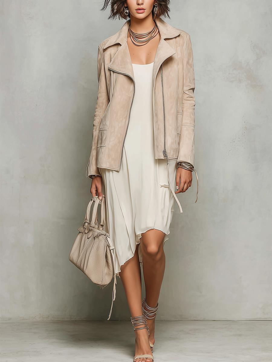 Elegant Khaki Suede Jacket And White Dress Set