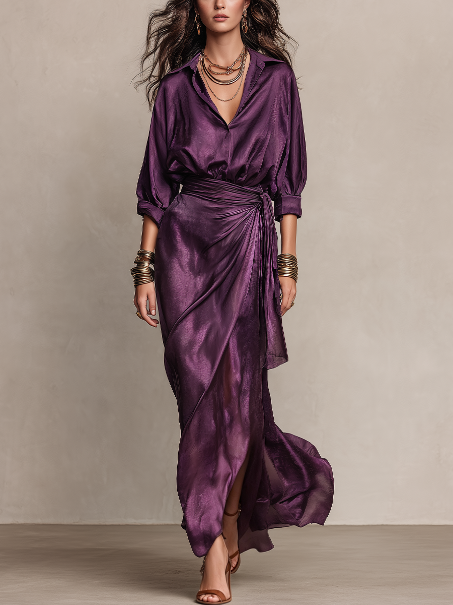 Bohemian Plum-colored Satin Shirt And Skirt Suit