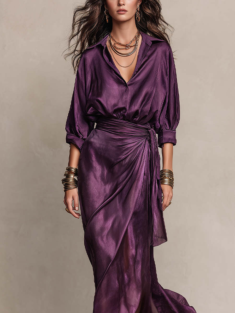 Bohemian Plum-colored Satin Shirt And Skirt Suit