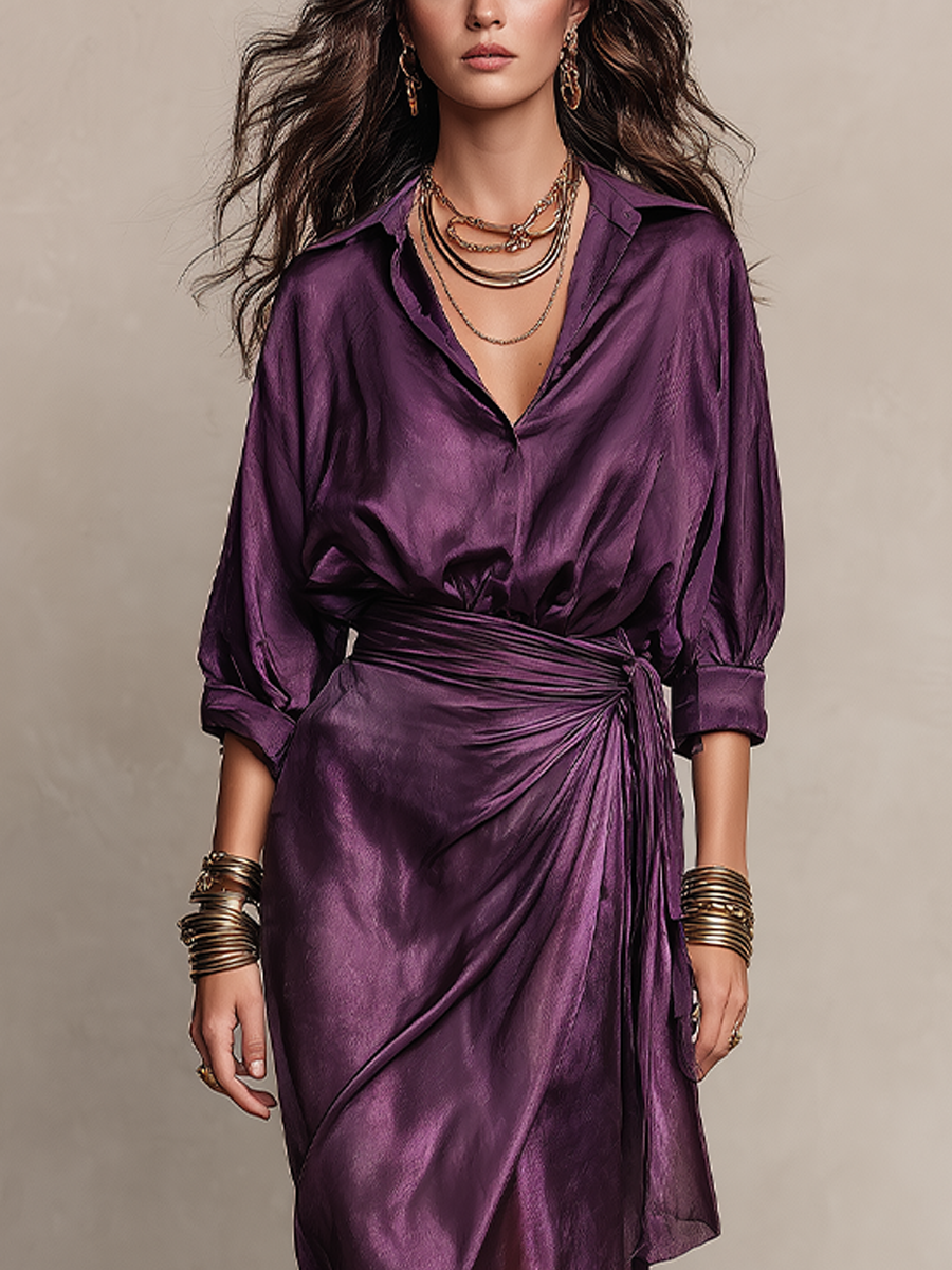 Bohemian Plum-colored Satin Shirt And Skirt Suit