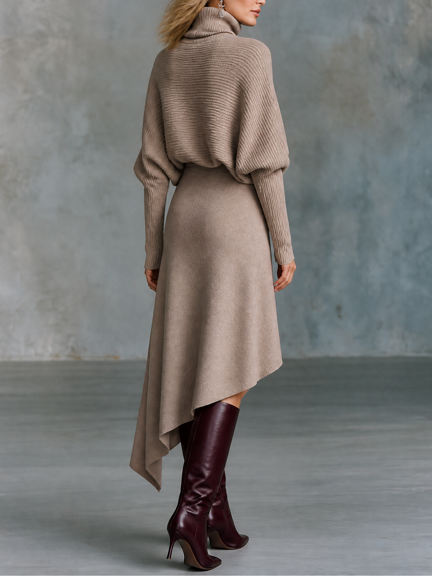 Turtleneck Batwing Sleeve Sweater & Asymmetric Hem Skirt Knit Two-Piece Set