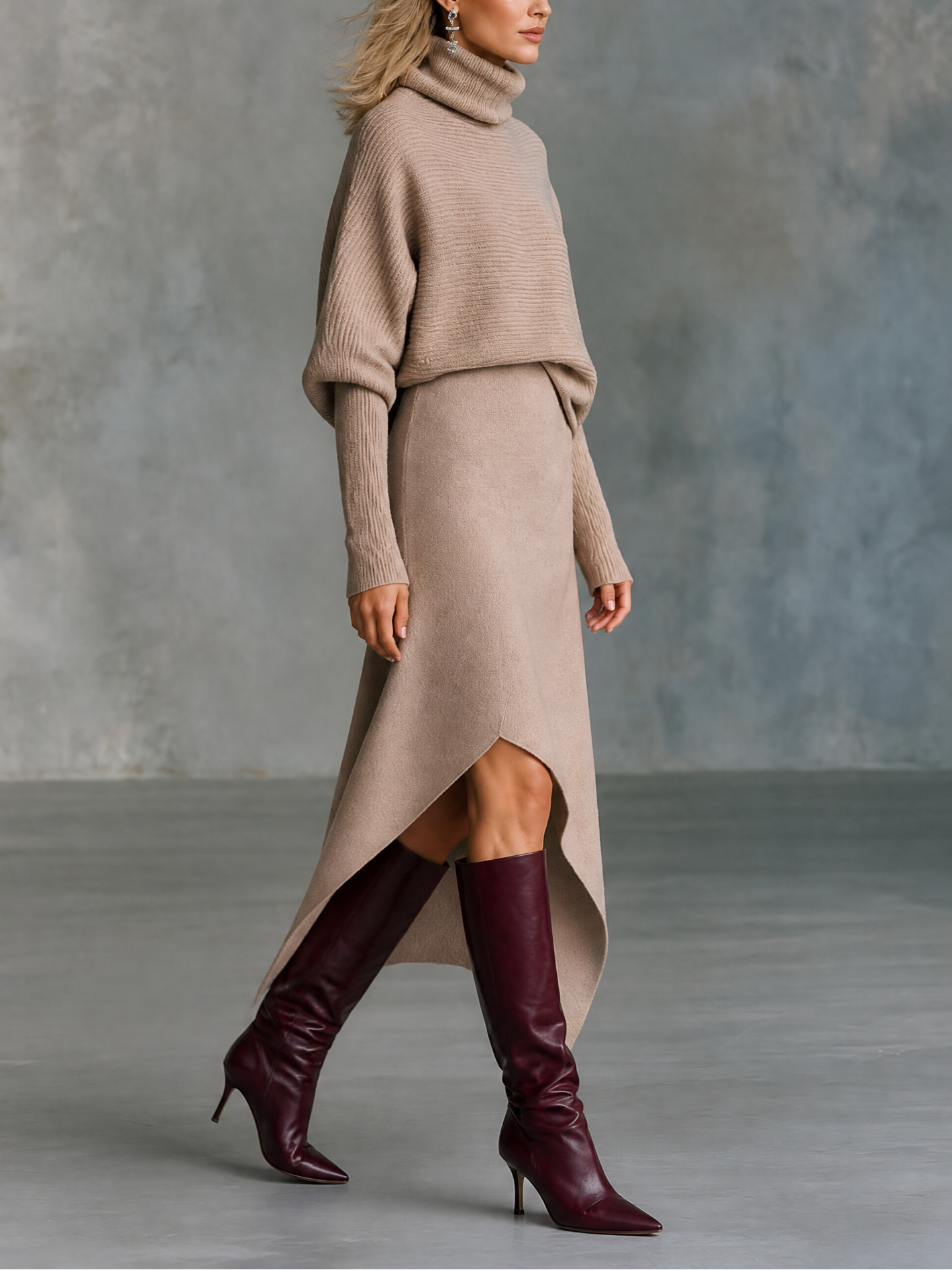 Turtleneck Batwing Sleeve Sweater & Asymmetric Hem Skirt Knit Two-Piece Set
