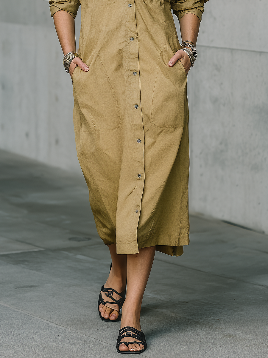 Relaxed Luxe Deep V Collared Utility Midi Dress