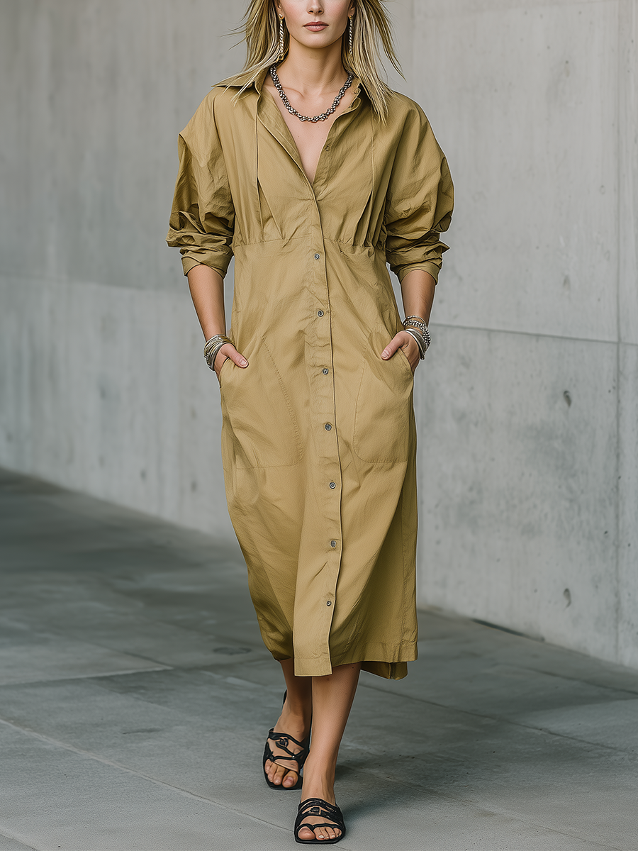 Relaxed Luxe Deep V Collared Utility Midi Dress