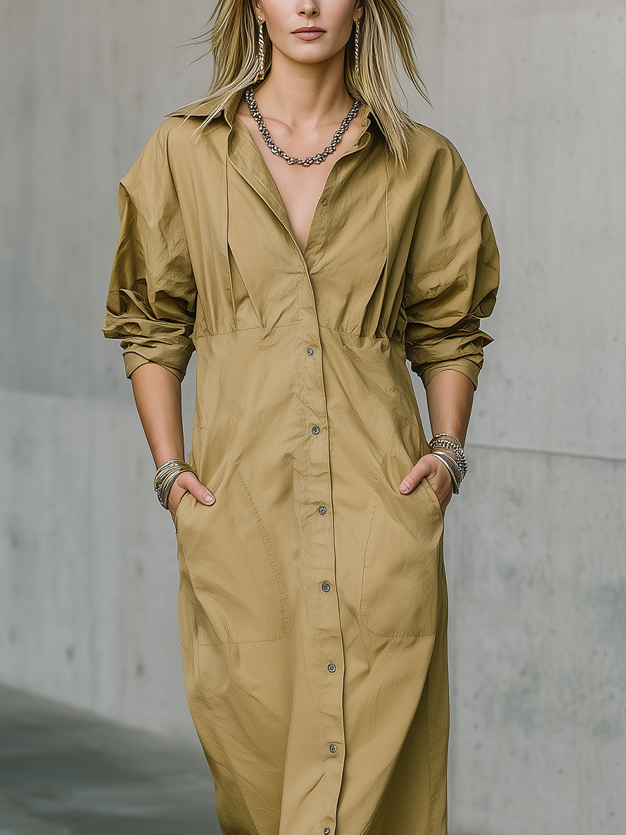 Relaxed Luxe Deep V Collared Utility Midi Dress