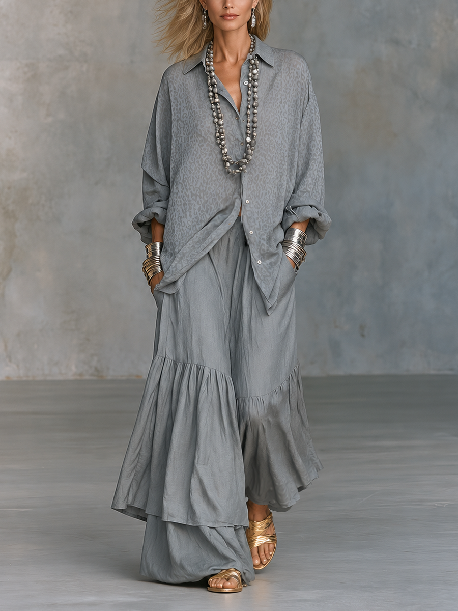 Women's Leopard Jacquard Oversized Shirt & Wide Leg Tiered Pants Two-Piece Set
