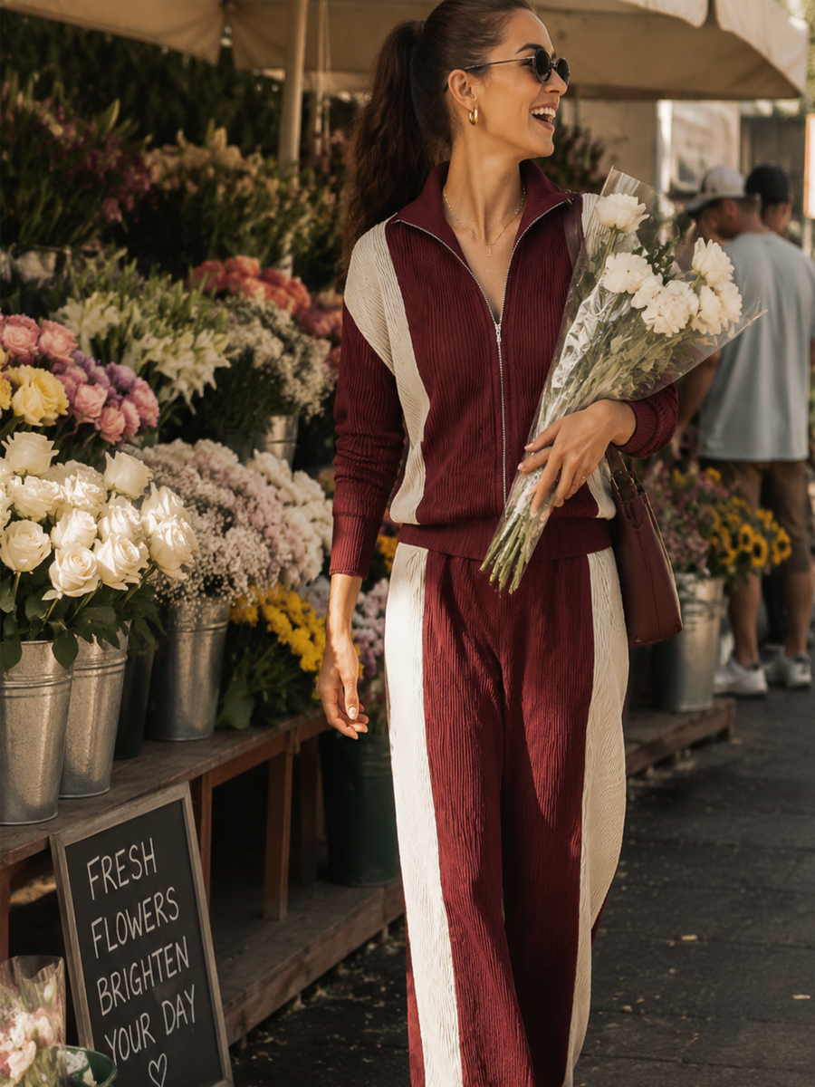 Casual Burgundy Color-blocked Knitwear Set