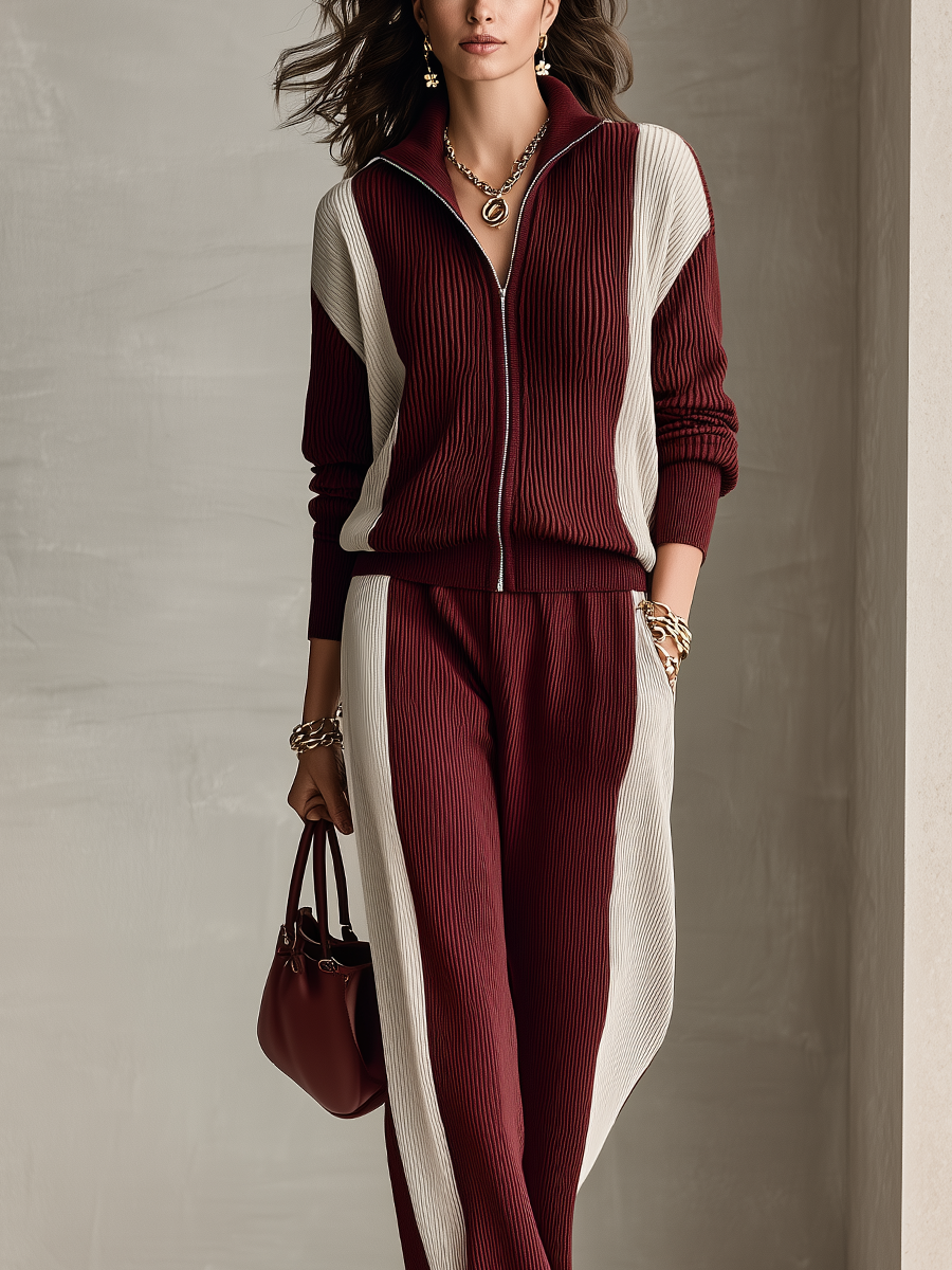 Casual Burgundy Color-blocked Knitwear Set