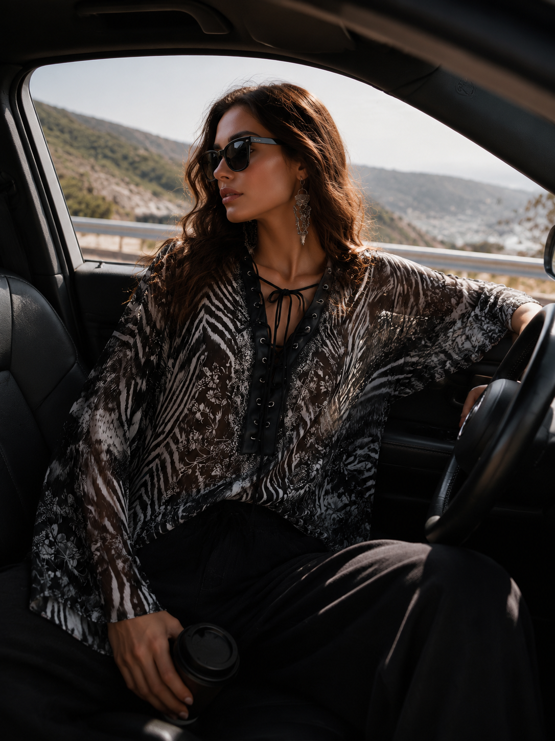 Bohemian Black Floral Print Lace-Up Blouse