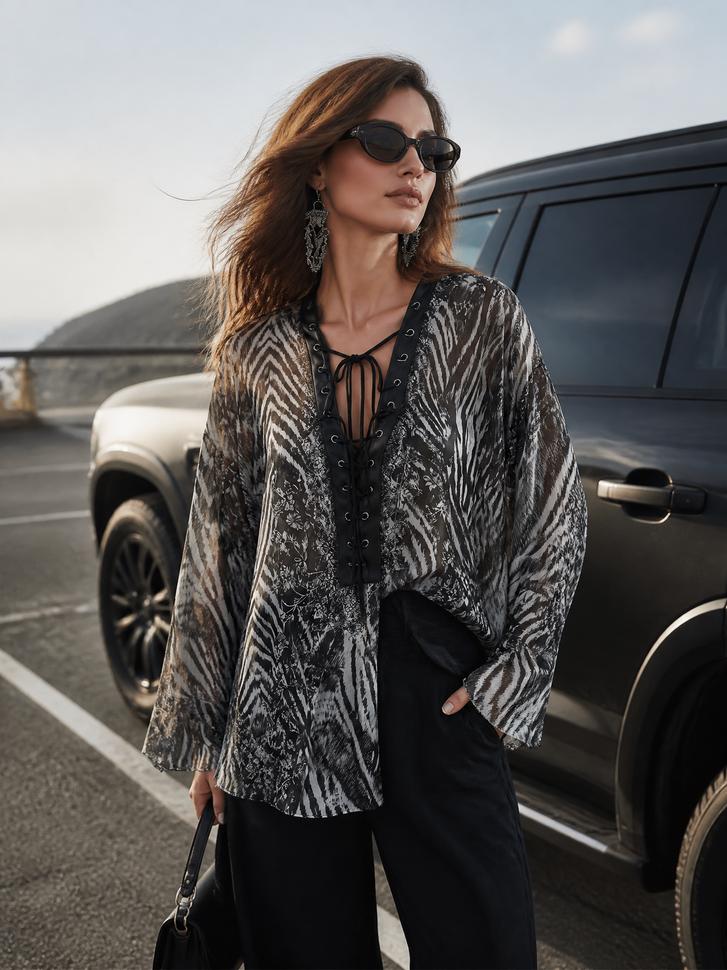 Bohemian Black Floral Print Lace-Up Blouse