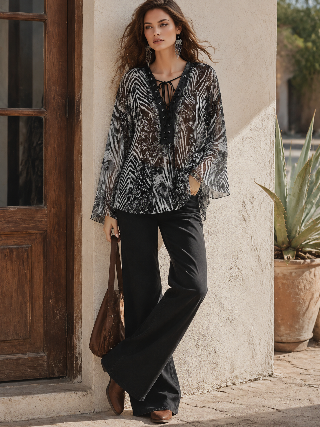 Bohemian Black Floral Print Lace-Up Blouse