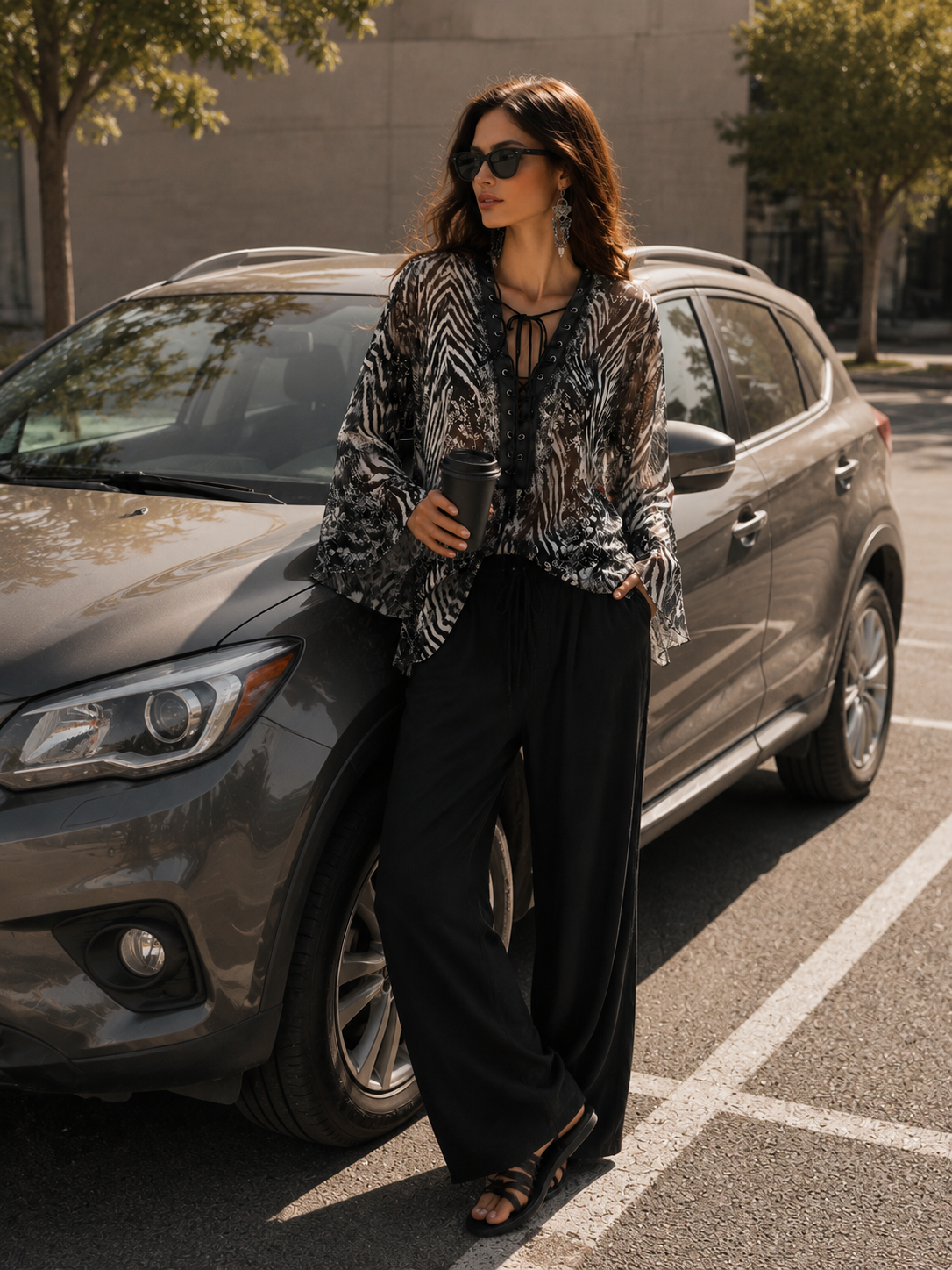 Bohemian Black Floral Print Lace-Up Blouse