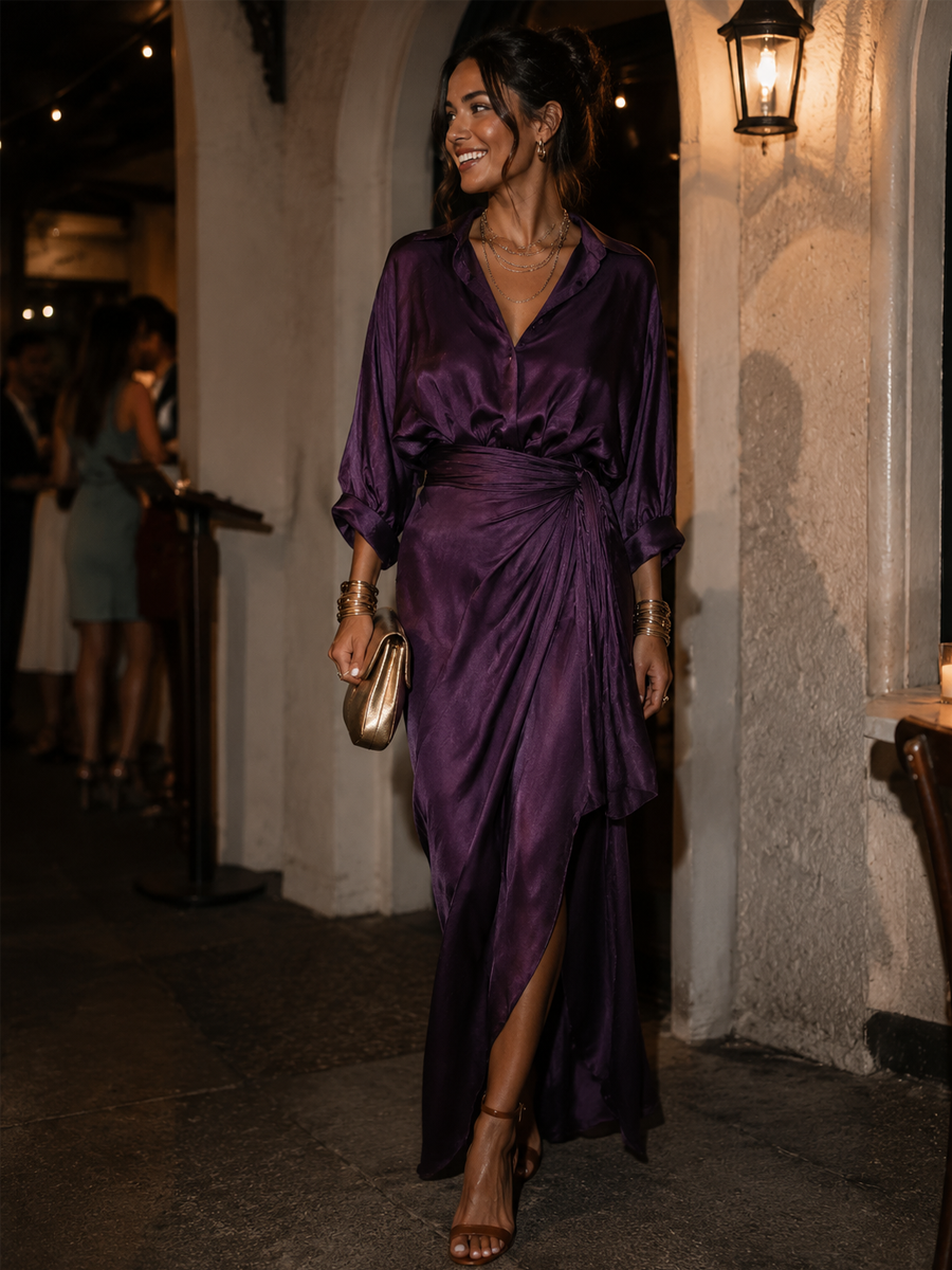 Bohemian Plum-colored Satin Shirt And Skirt Suit