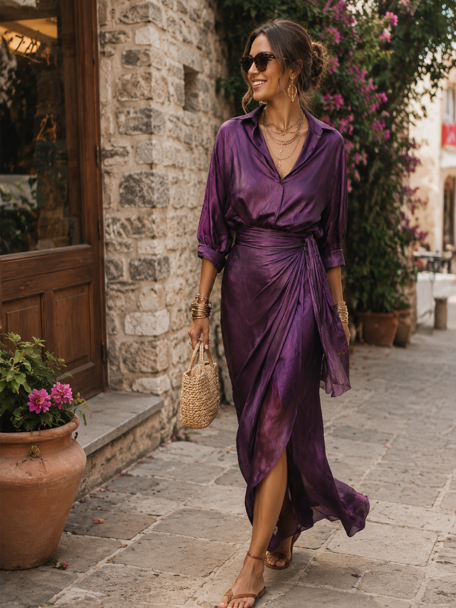 Bohemian Plum-colored Satin Shirt And Skirt Suit